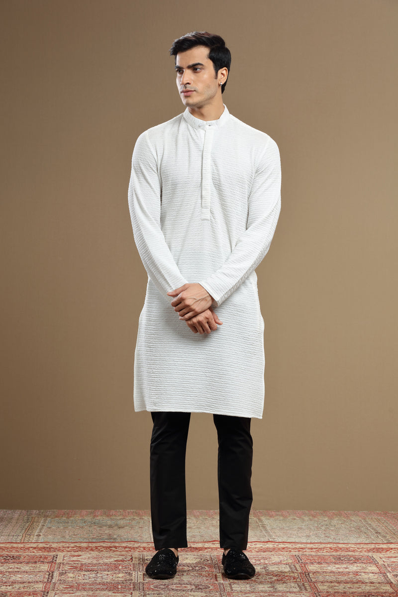 White Silk Textured Kurta For Men