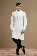 White Silk Textured Kurta For Men