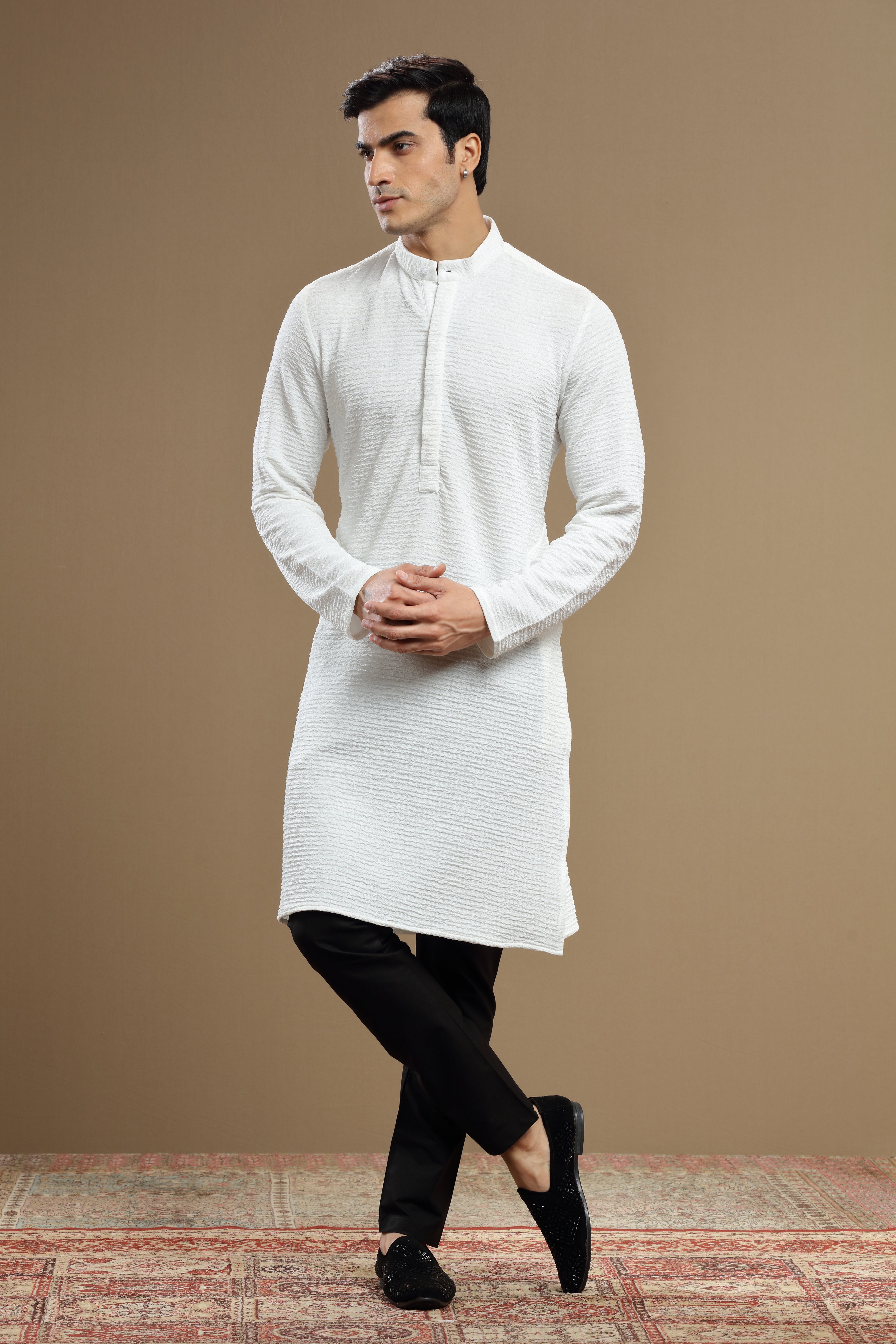 White Silk Textured Kurta For Men - Shreeman