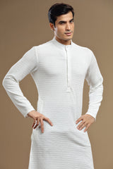 White Silk Textured Kurta For Men