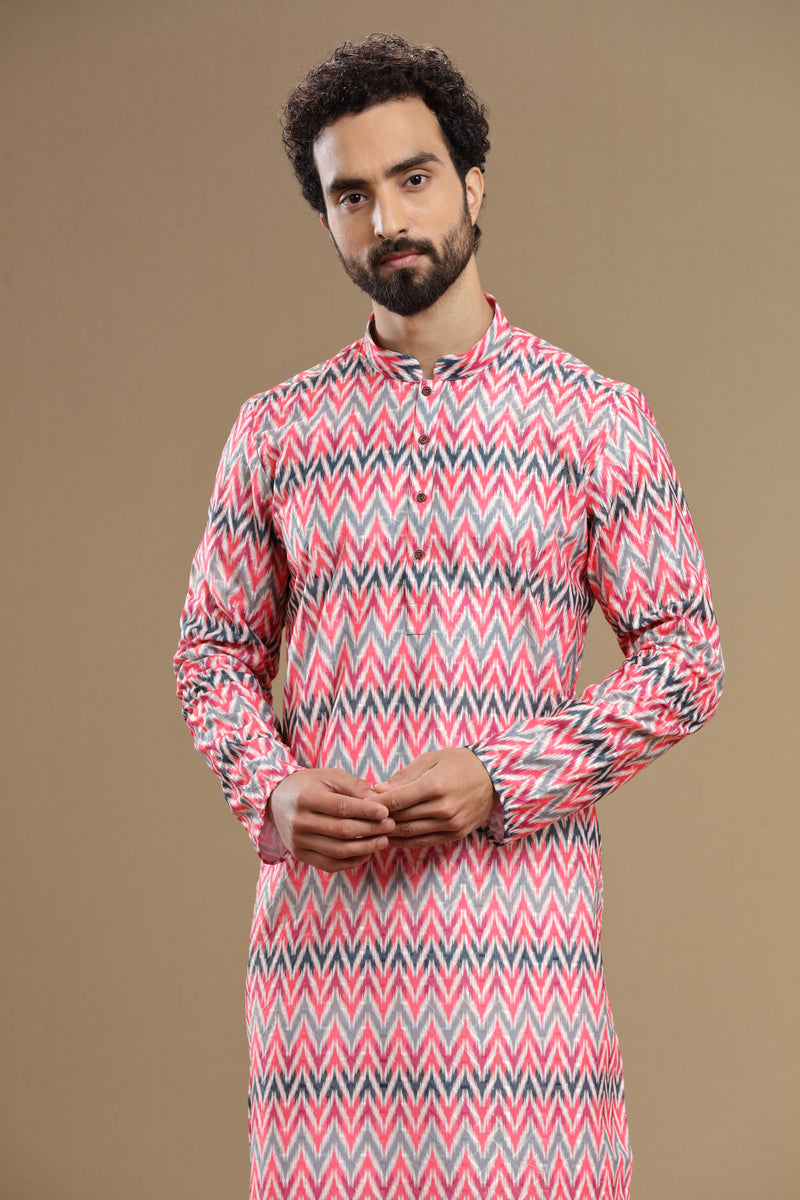 Multi Color Ikkat Kurta Set For Men