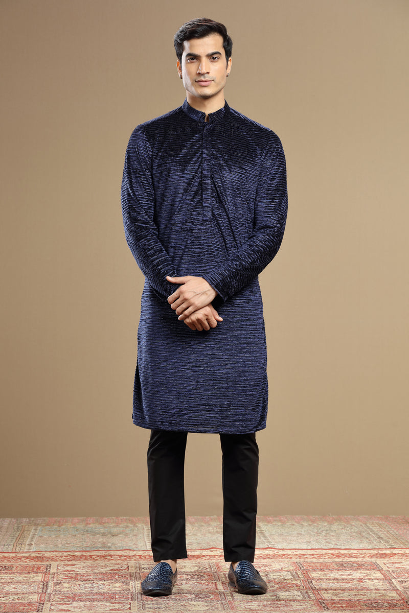 Dark Blue Velvet Kurta with Embroidered Cut Dana Work