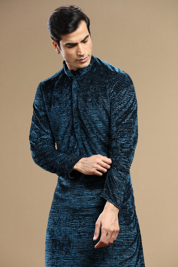 Self Textured Dark Blue Kurta For Men