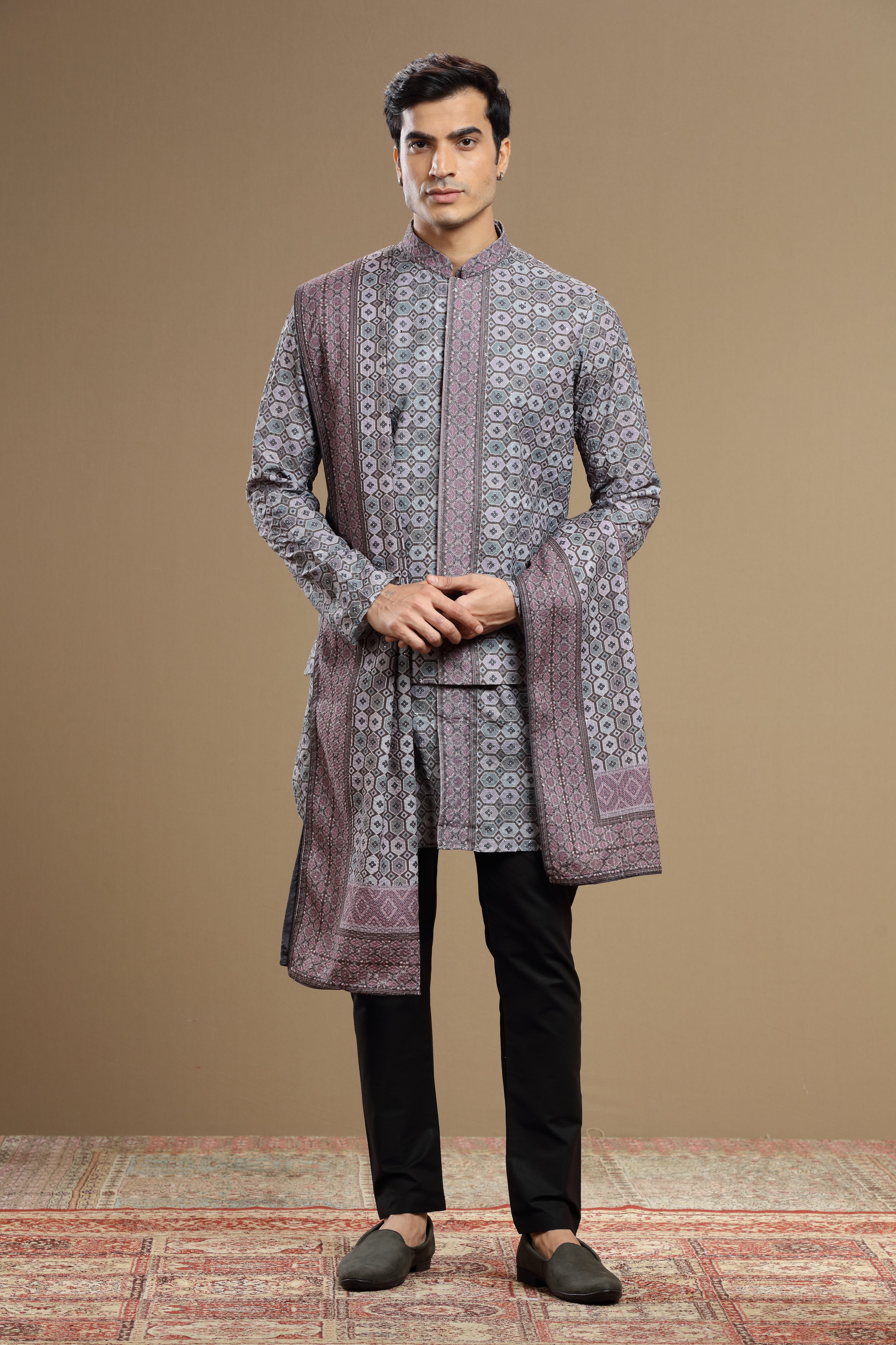 Dark Grey Silk Dupatta Jacket Set With Sequin Work - Shreeman