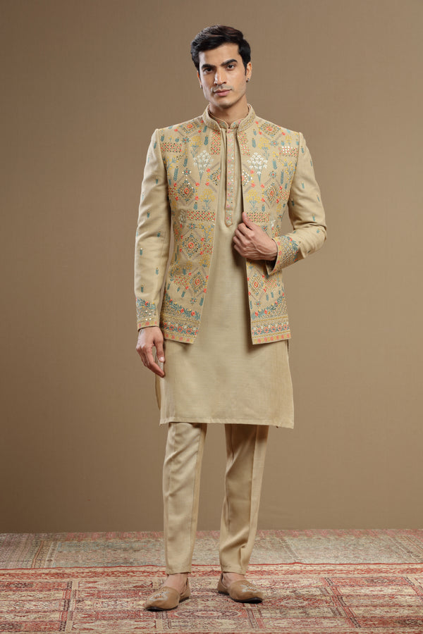 Beige embroidered silk open jacket