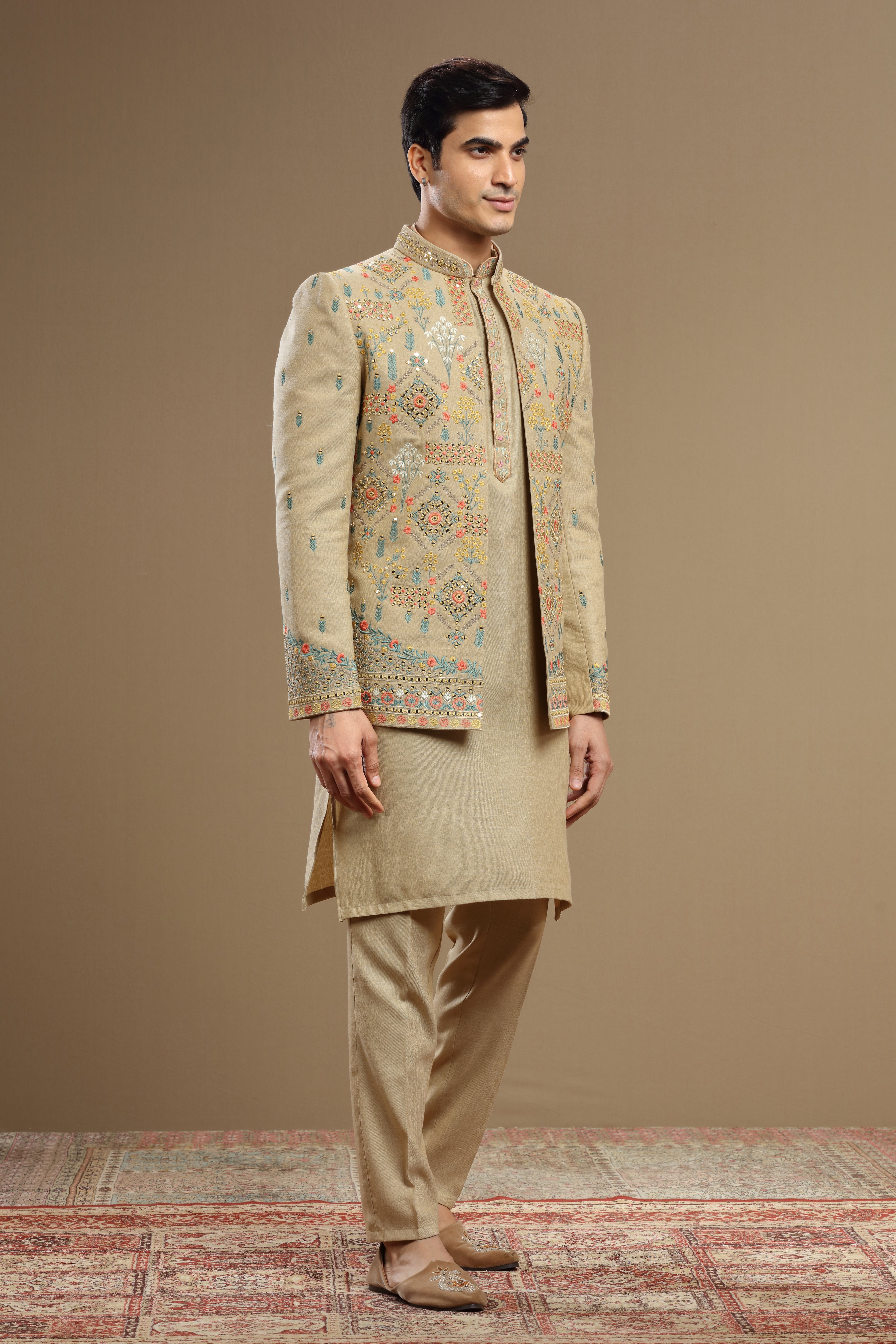 Beige embroidered silk open jacket - Shreeman