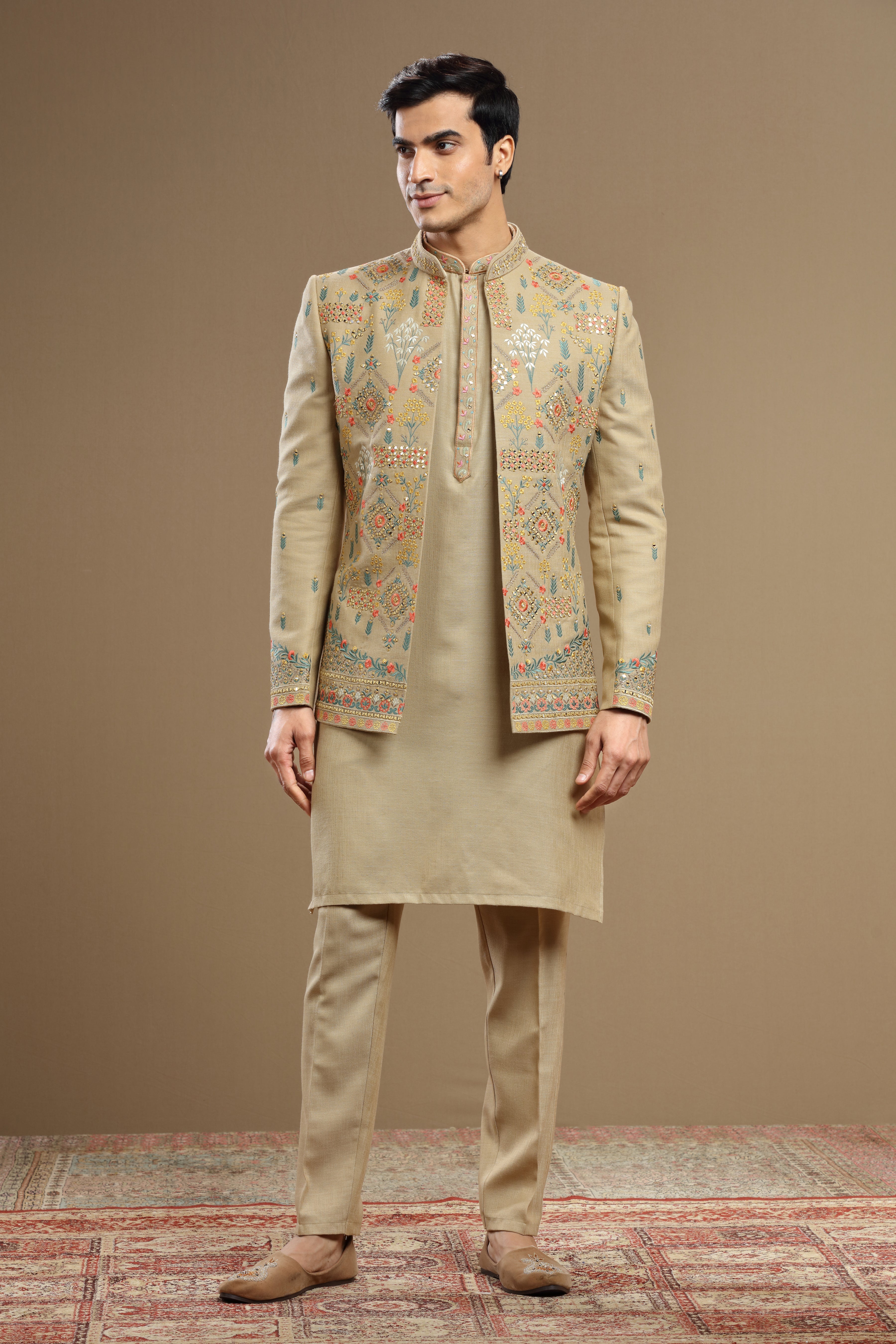Beige embroidered silk open jacket - Shreeman