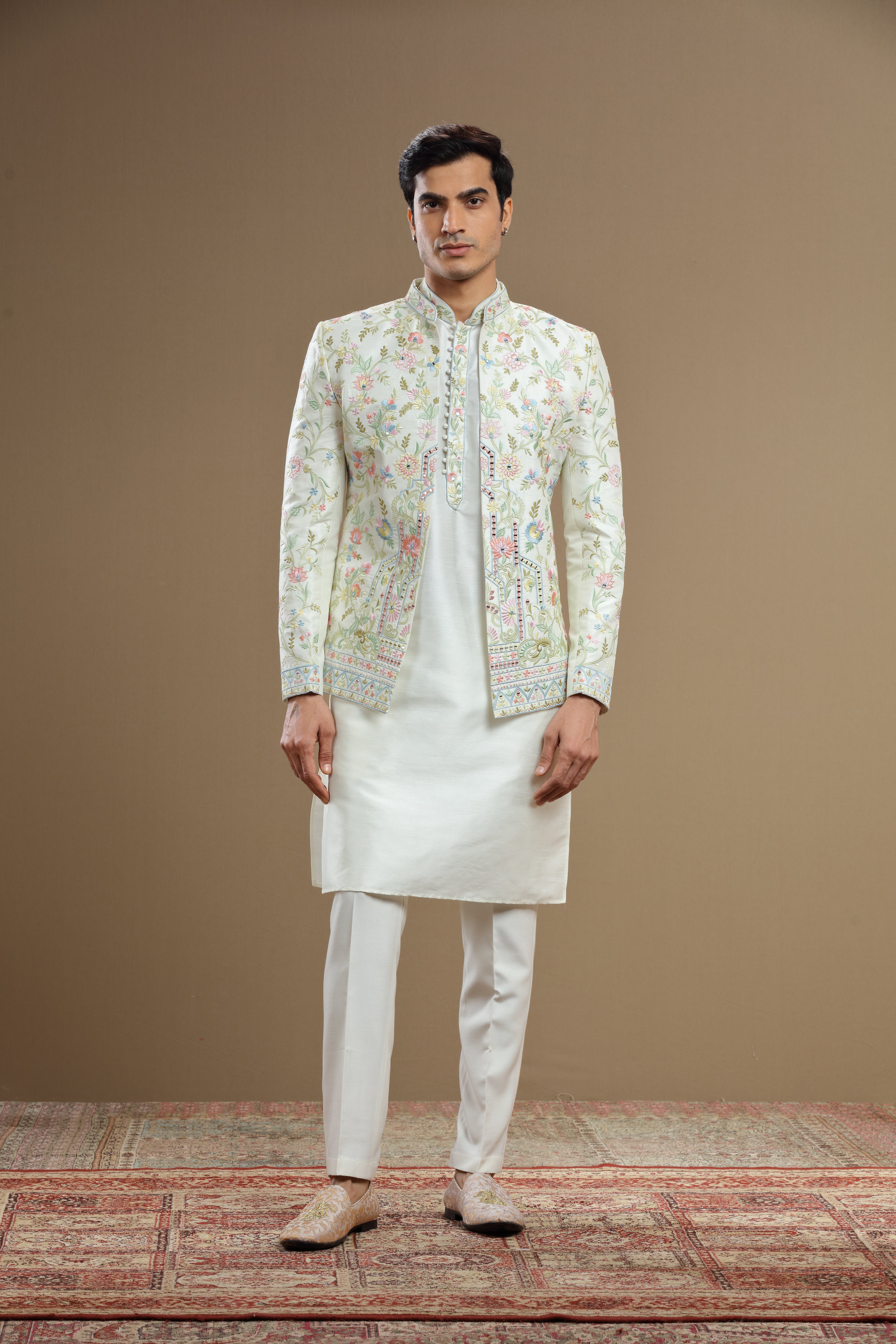 Ivory Silk jacket set in floral embroidery - Shreeman