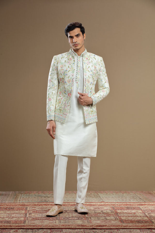 Ivory Silk jacket set in floral embroidery