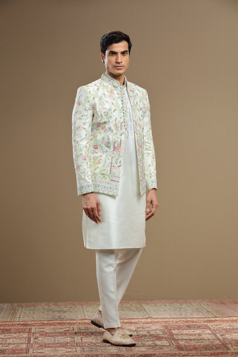 Ivory Silk jacket set in floral embroidery