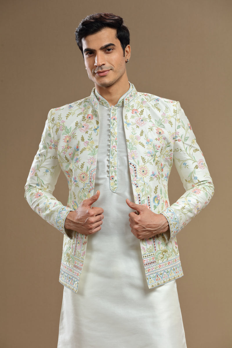 Ivory Silk jacket set in floral embroidery