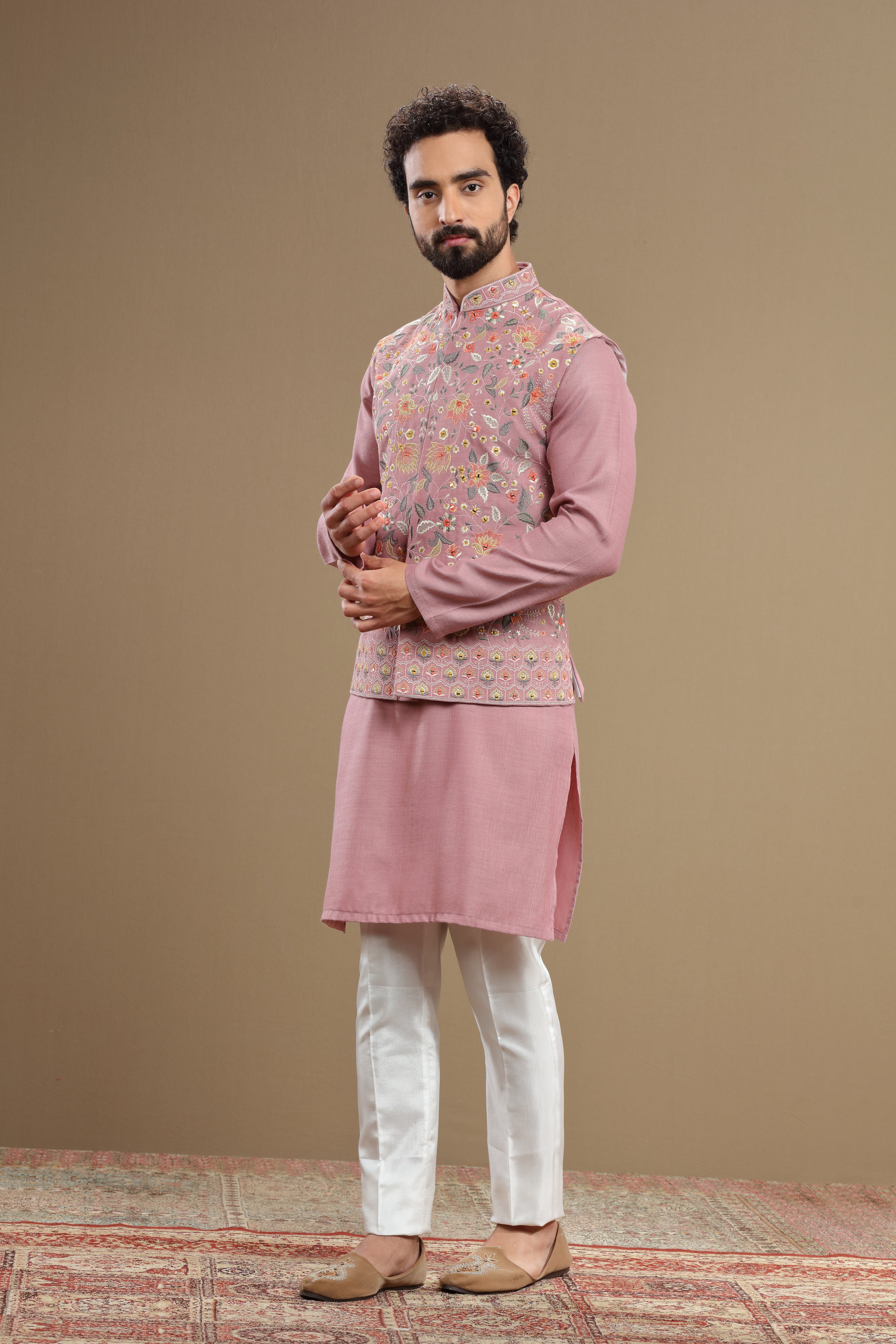 Pastel Pink floral Silk jacket set - Shreeman