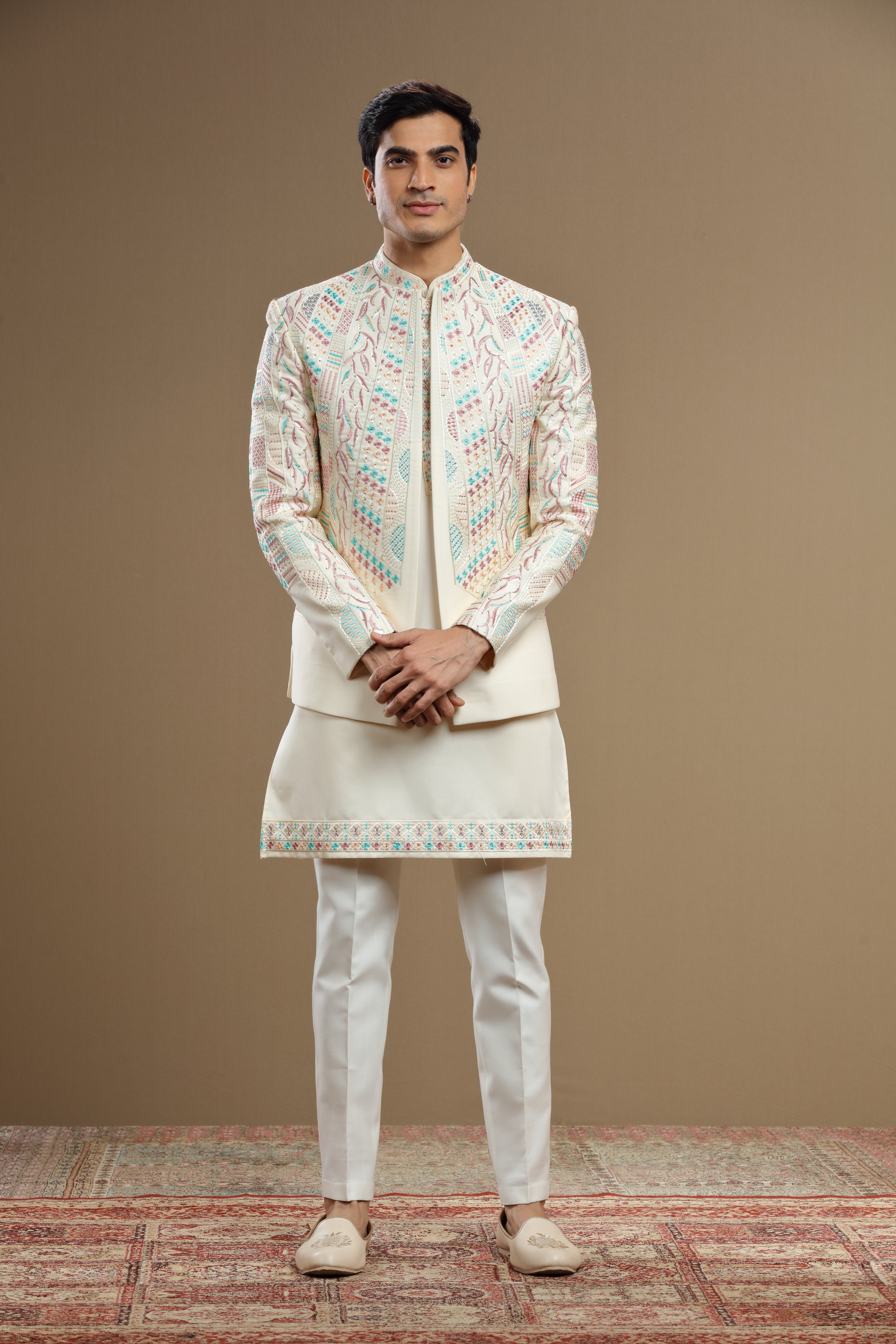 Ivory Silk jacket with multi color embroidery - Shreeman