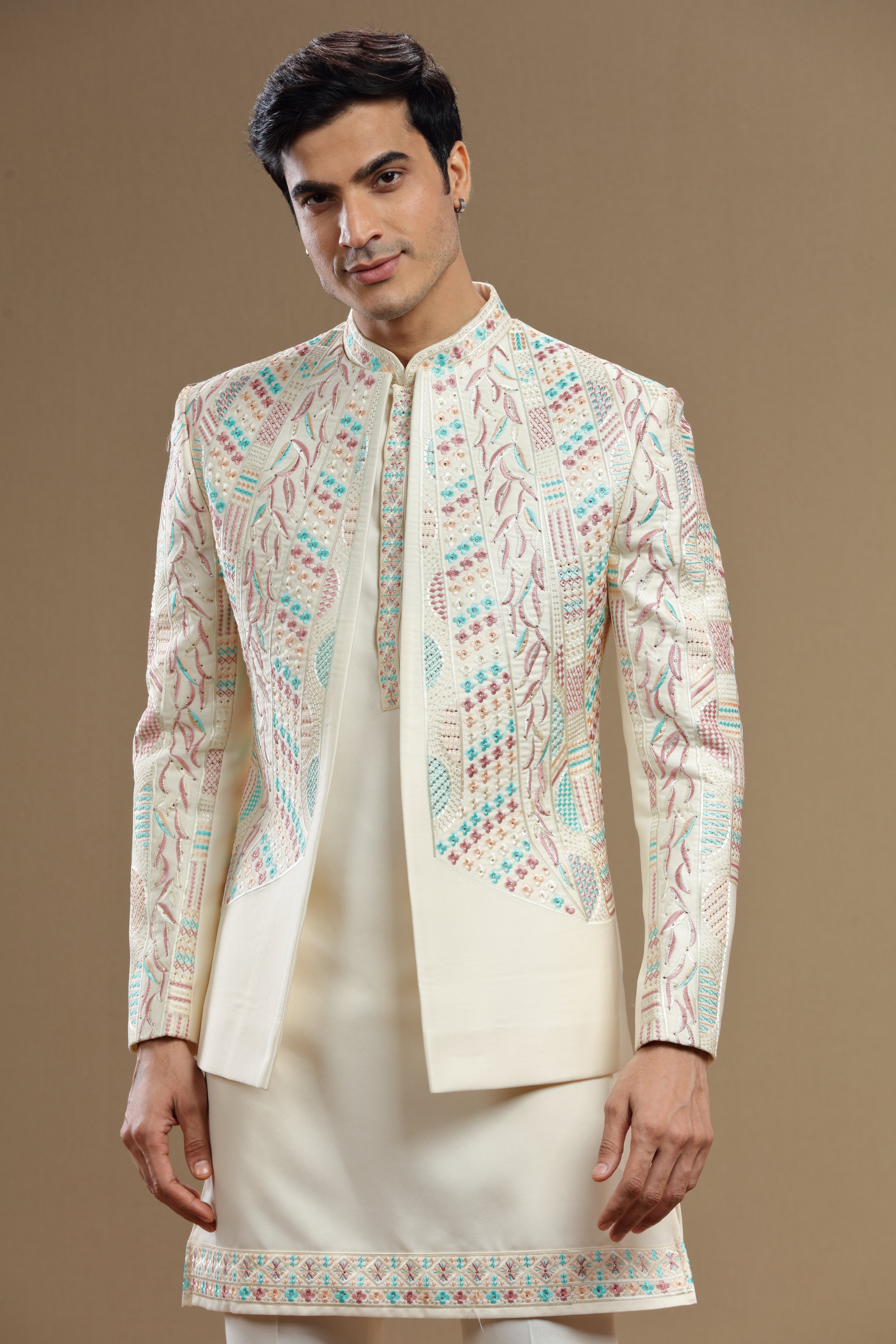 Ivory Silk jacket with multi color embroidery - Shreeman