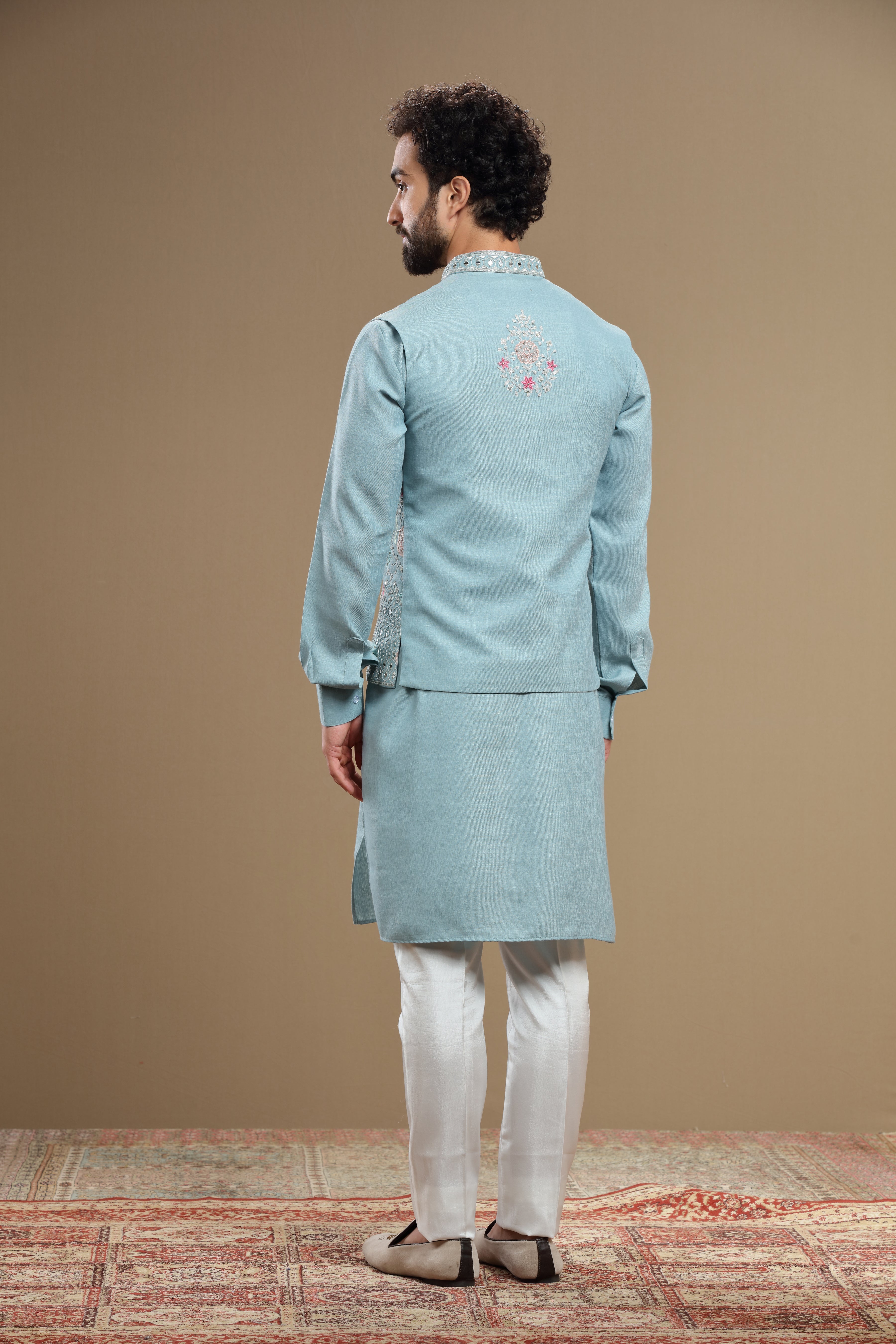 Powder blue Silk jacket set in floral embroidery - Shreeman