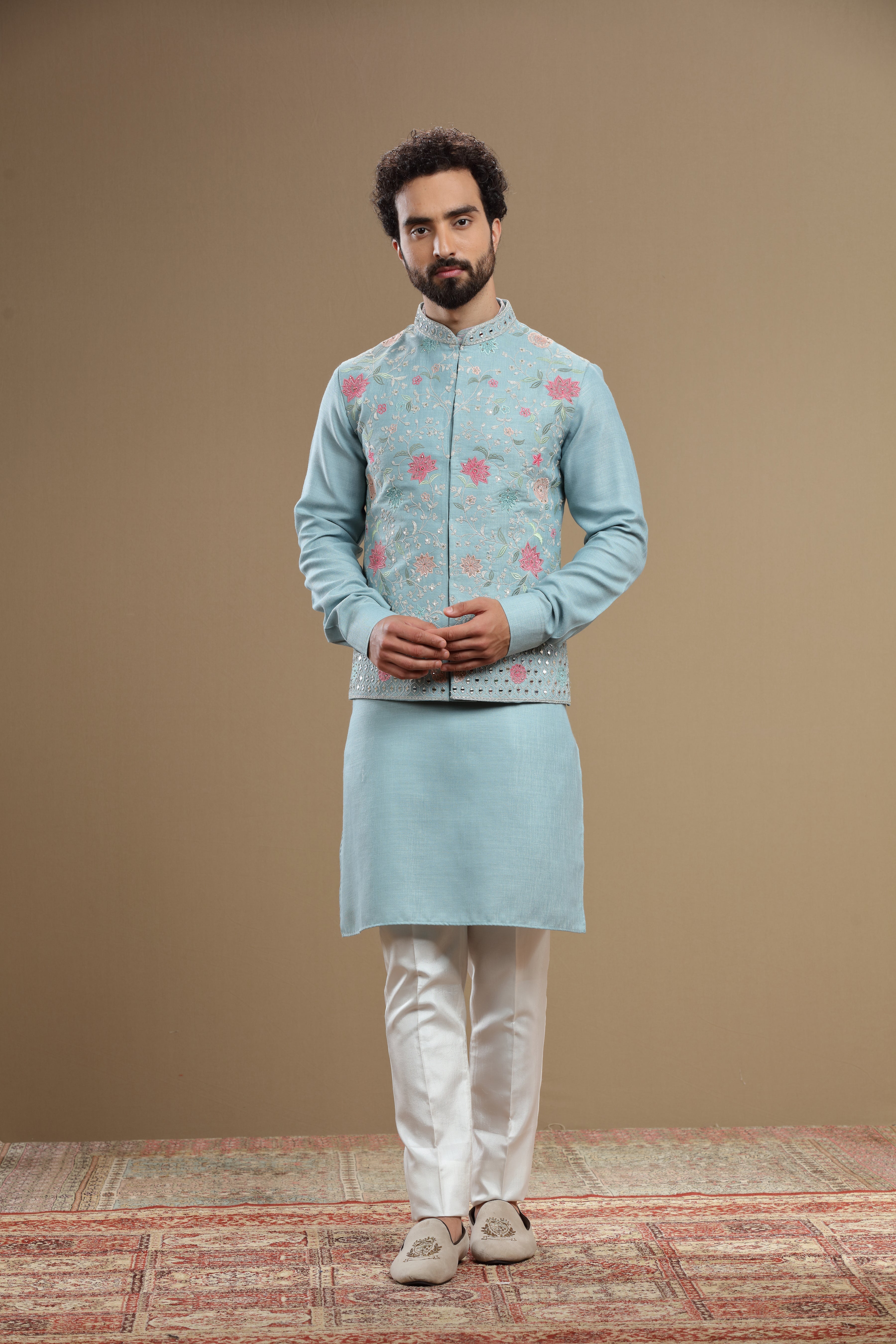 Powder blue Silk jacket set in floral embroidery - Shreeman