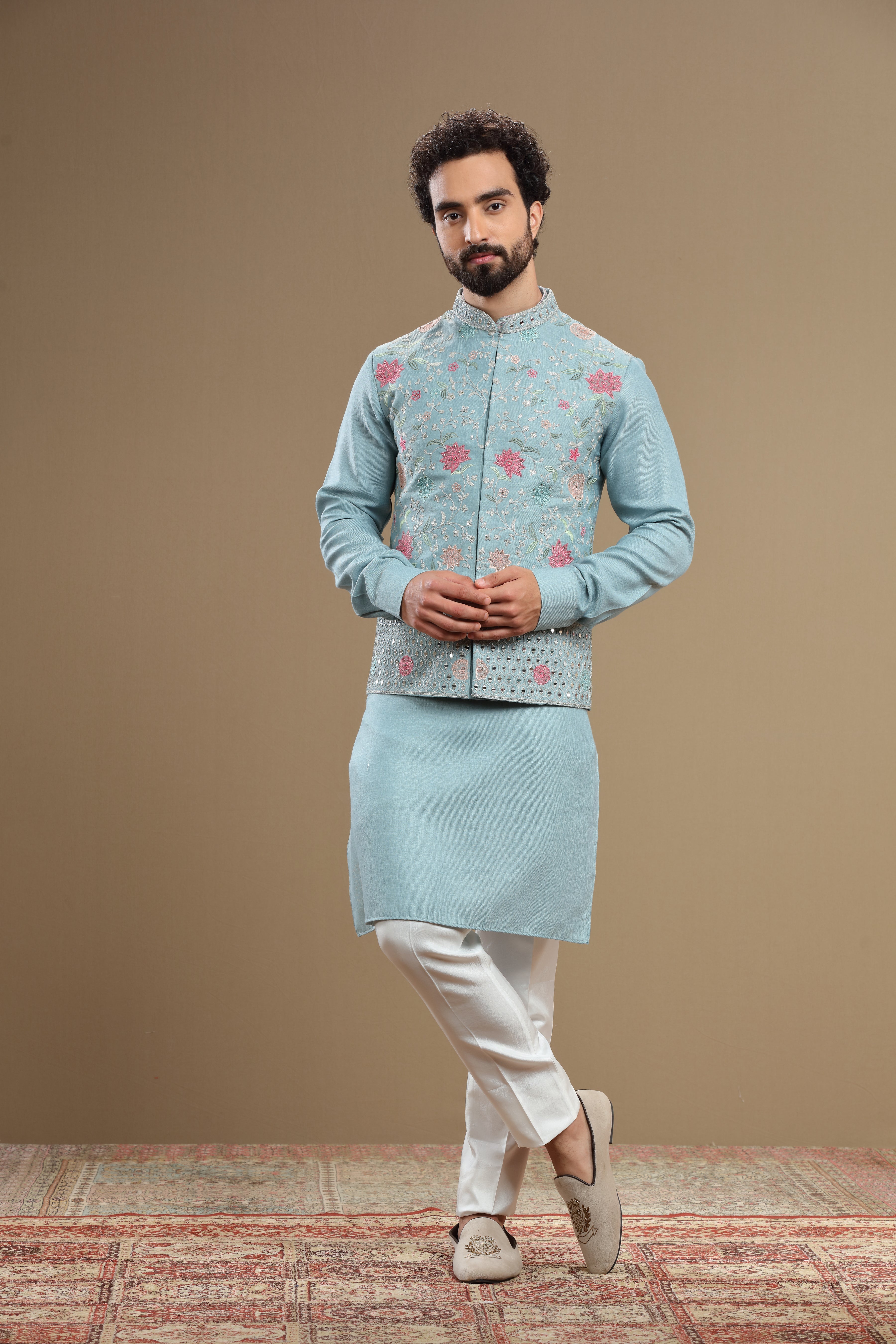 Powder blue Silk jacket set in floral embroidery - Shreeman