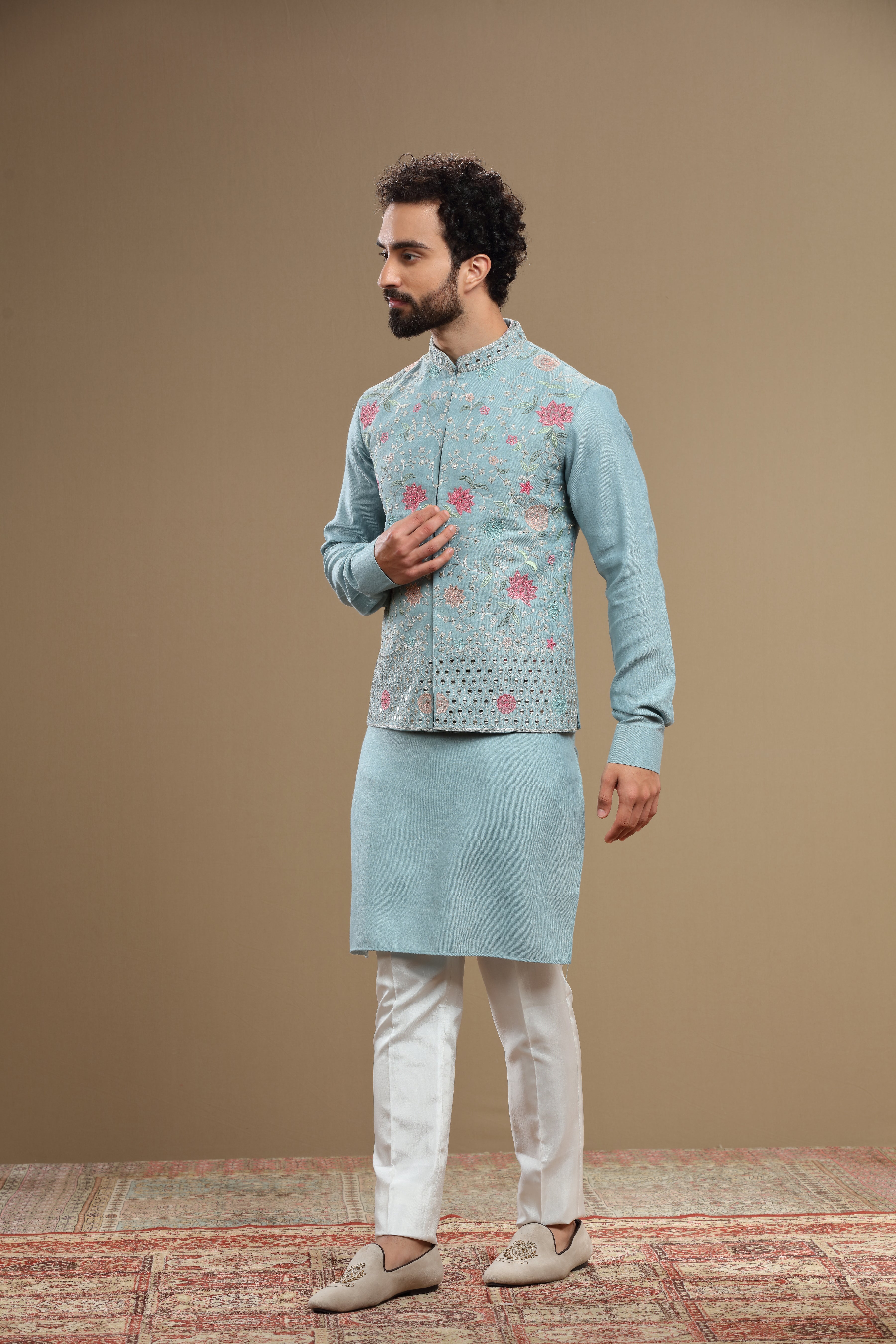 Powder blue Silk jacket set in floral embroidery - Shreeman