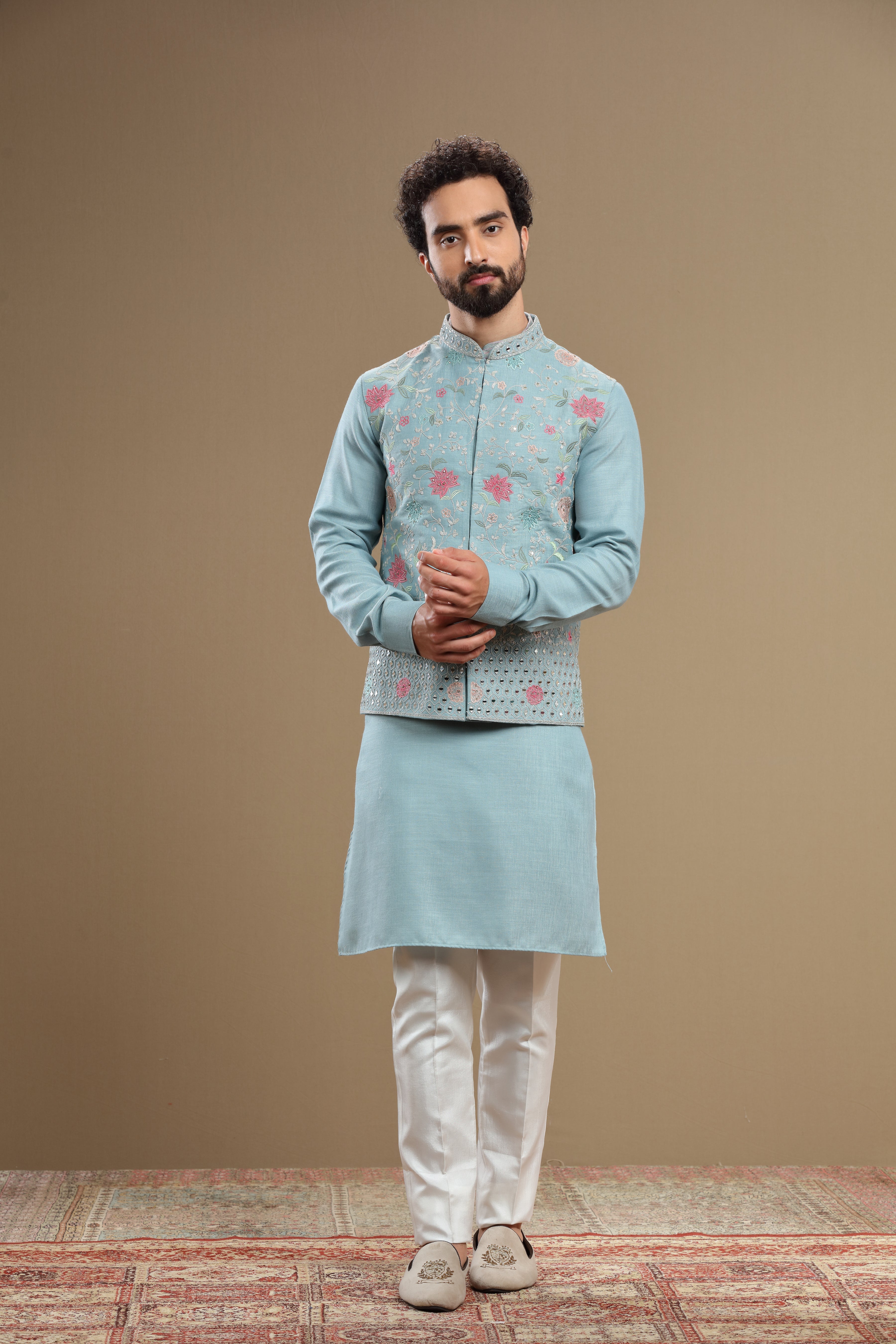 Powder blue Silk jacket set in floral embroidery - Shreeman