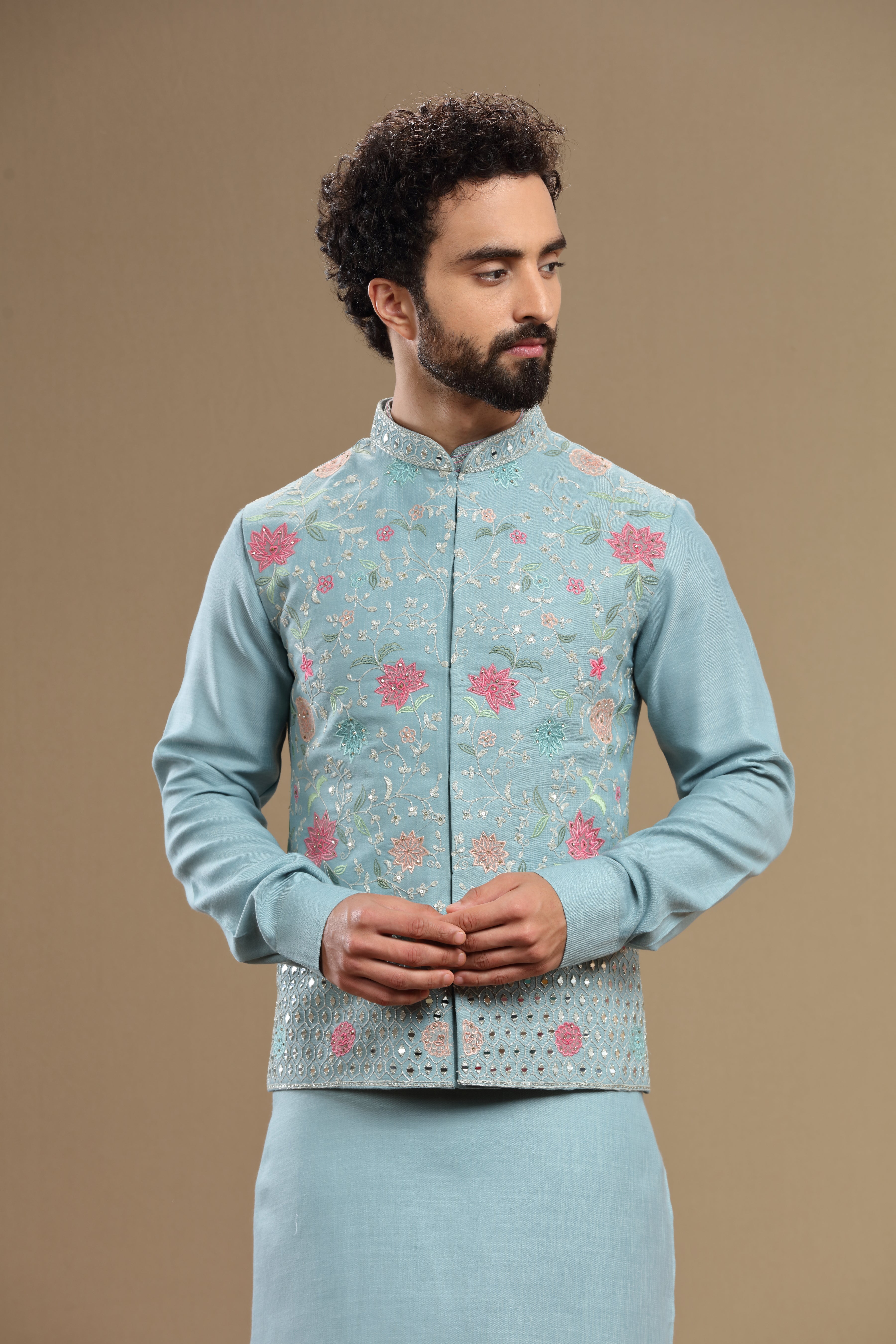 Powder blue Silk jacket set in floral embroidery - Shreeman