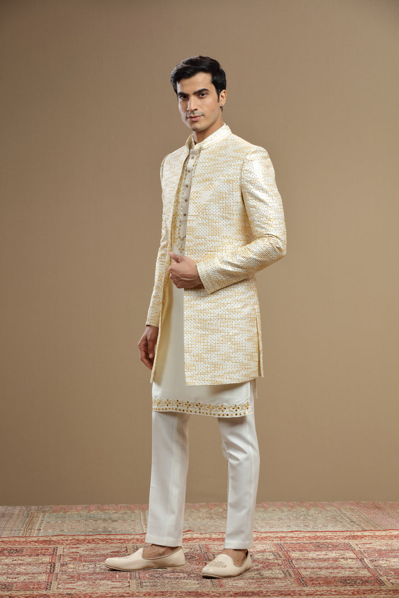 Pastel yellow Silk Embroidered Jacket set