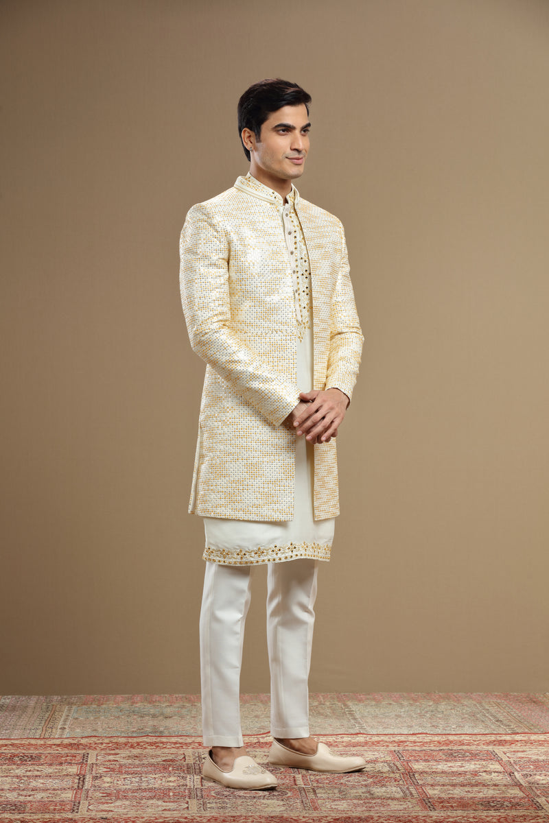 Pastel yellow Silk Embroidered Jacket set