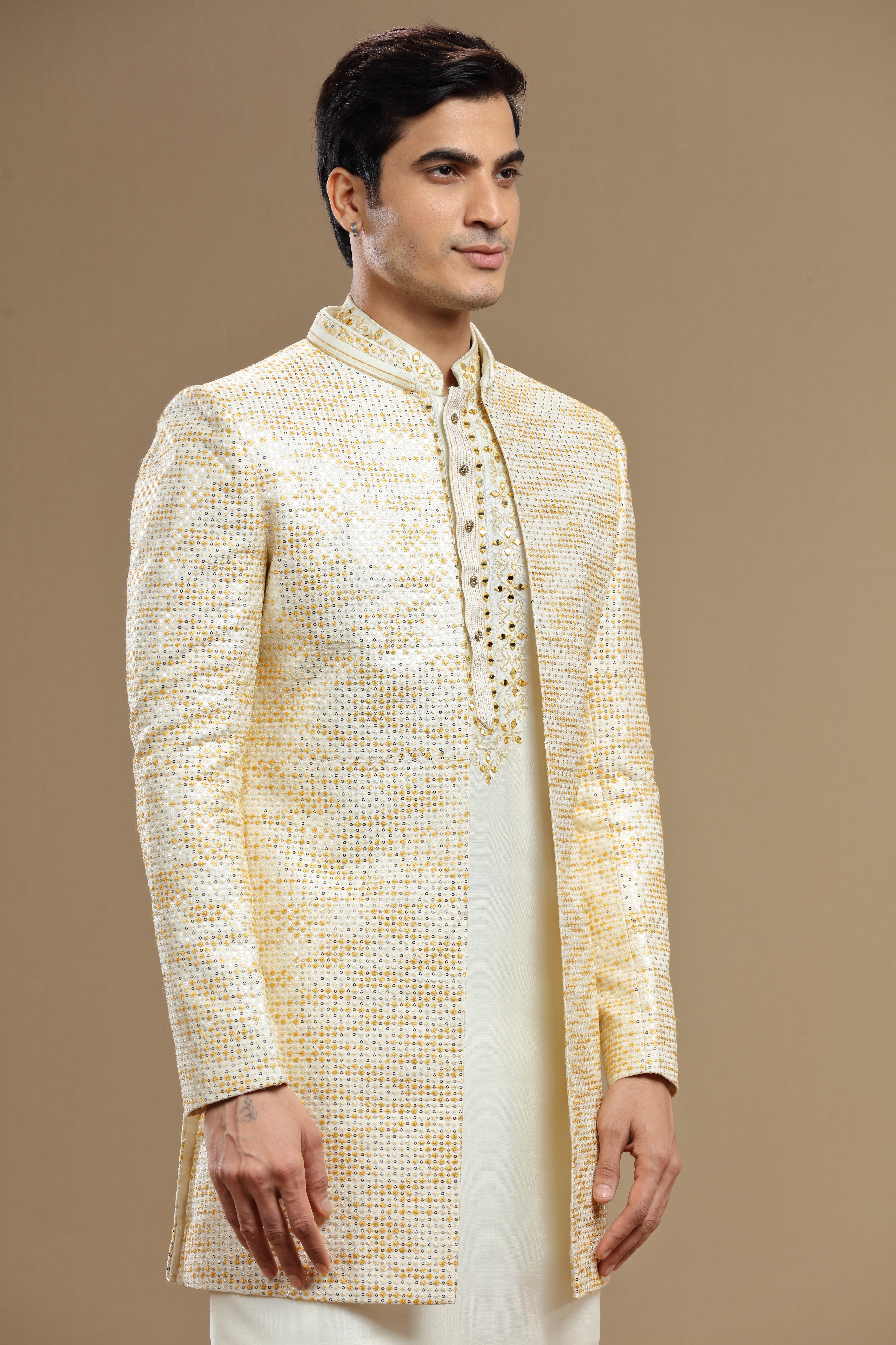 Pastel yellow Silk Embroidered Jacket set - Shreeman