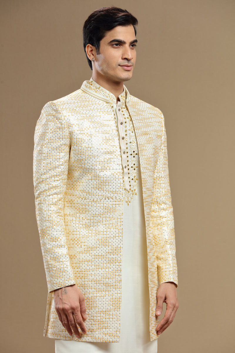 Pastel yellow Silk Embroidered Jacket set