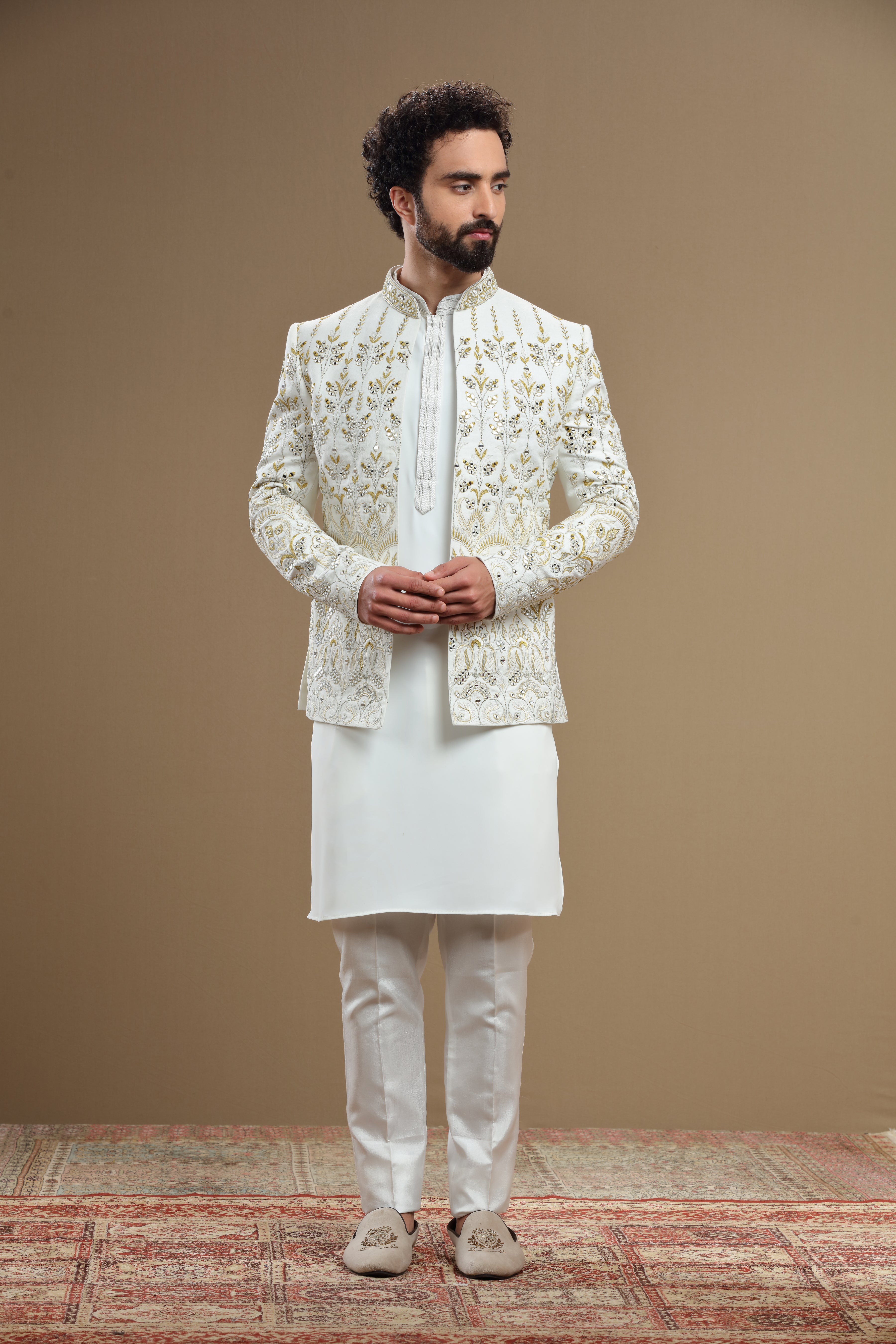 Ivory Silk jacket set in floral embroidery - Shreeman