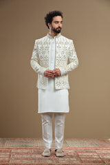 Ivory Silk jacket set in floral embroidery