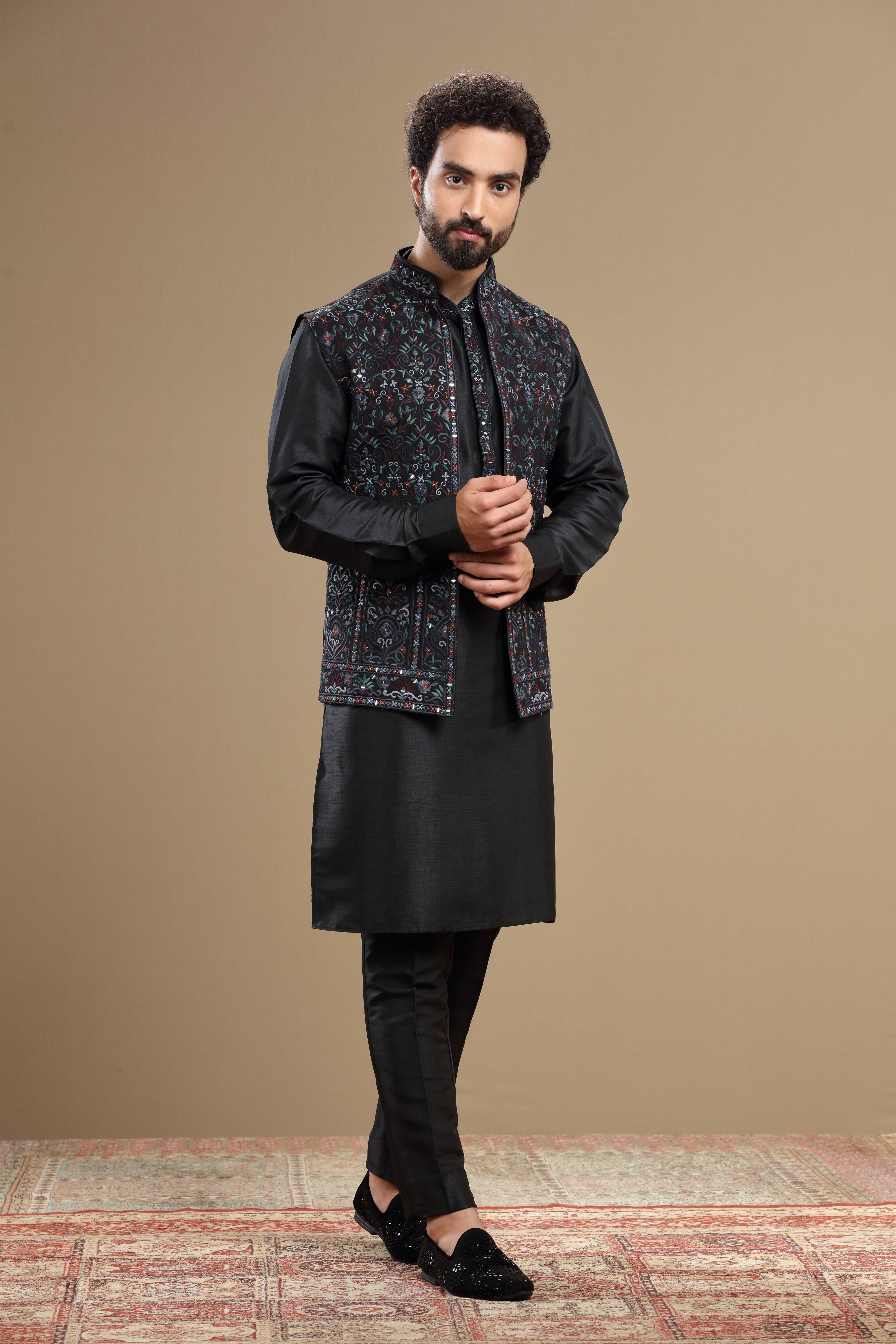 Black Silk jacket set with floral embroidery - Shreeman
