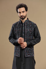 Black Silk jacket set with floral embroidery