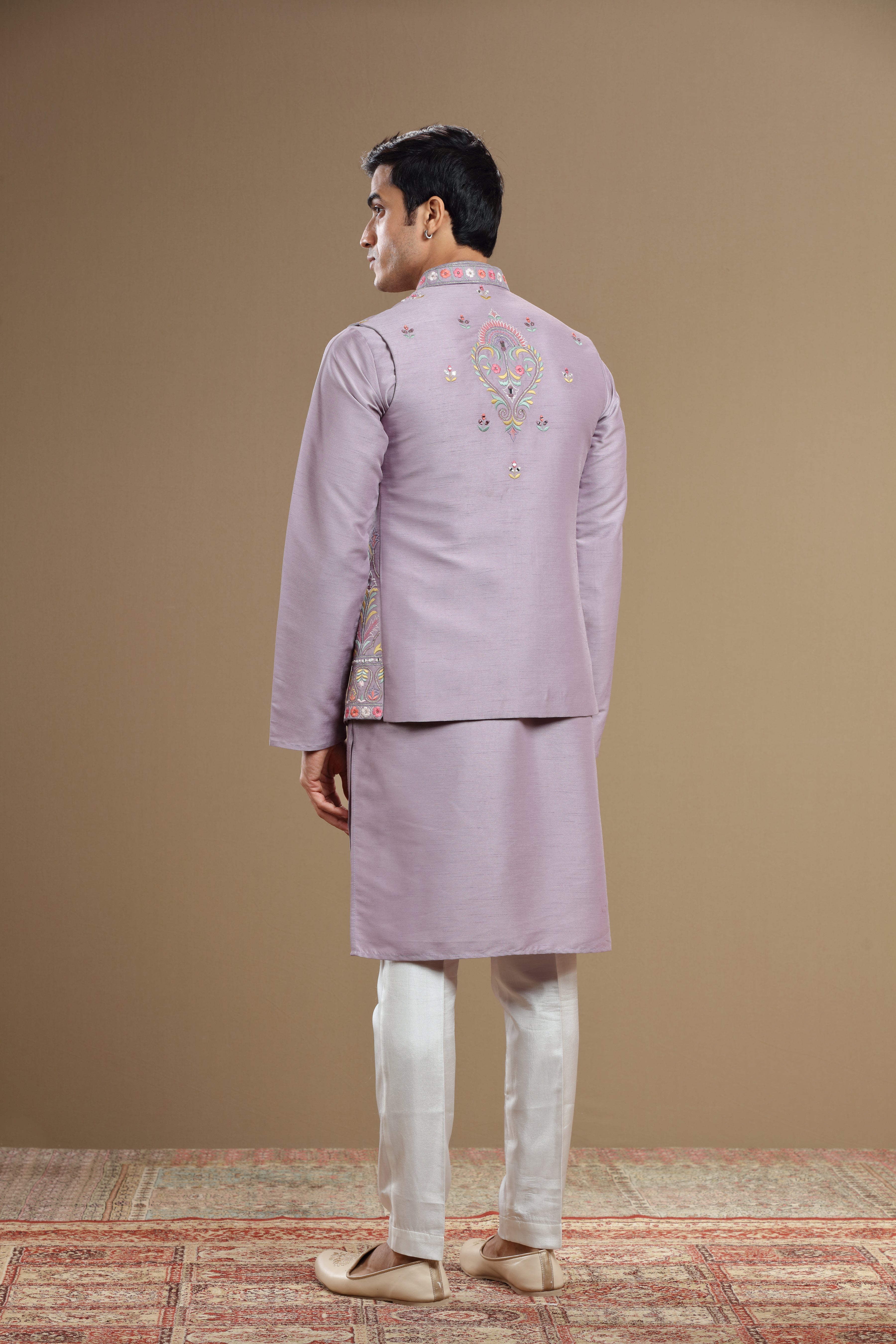 lilac Silk jacket set in floral embroidery - Shreeman