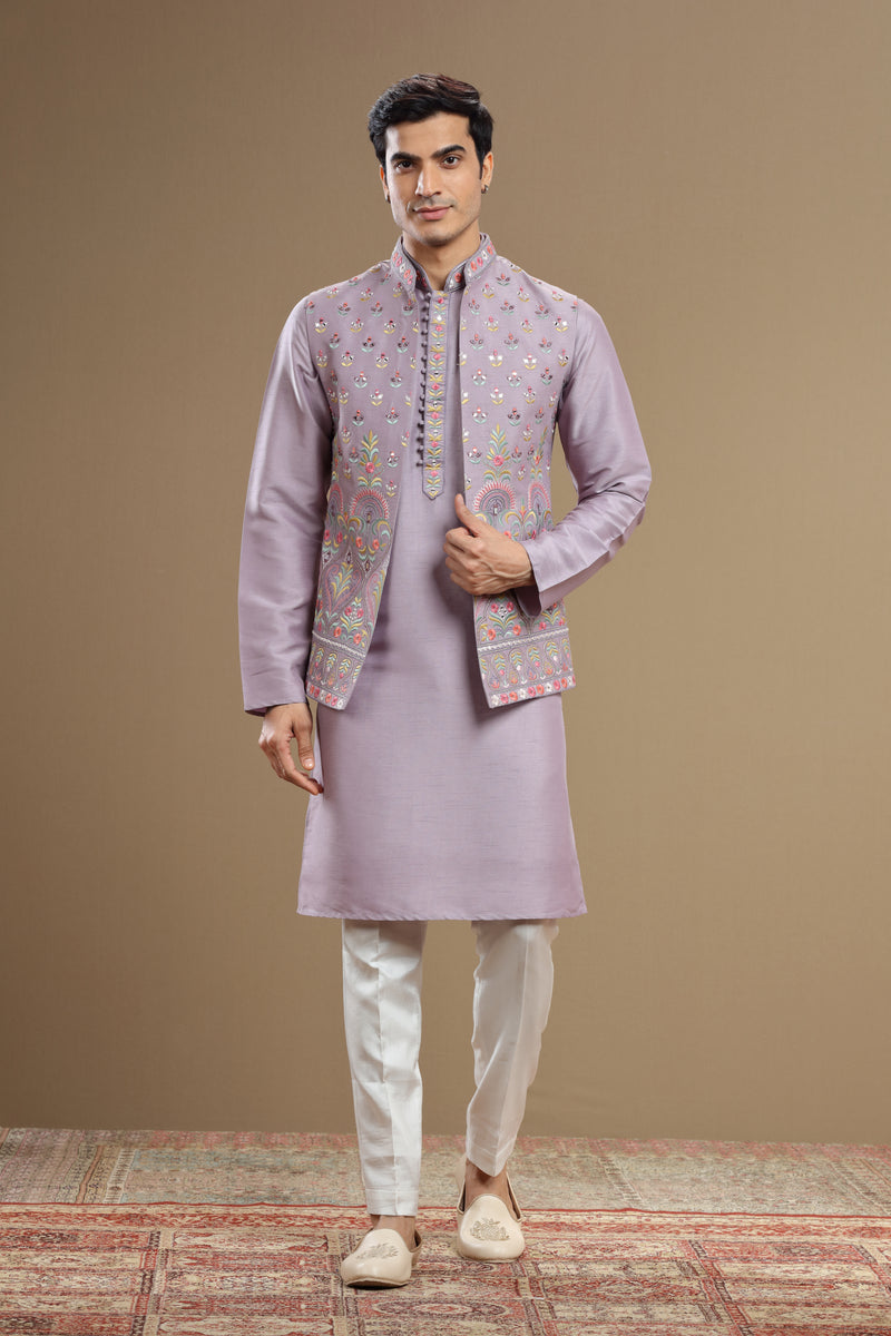 lilac Silk jacket set in floral embroidery