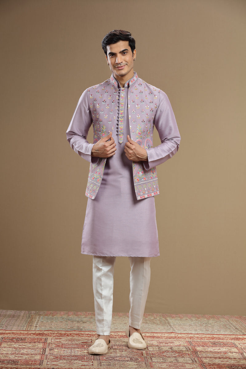 lilac Silk jacket set in floral embroidery