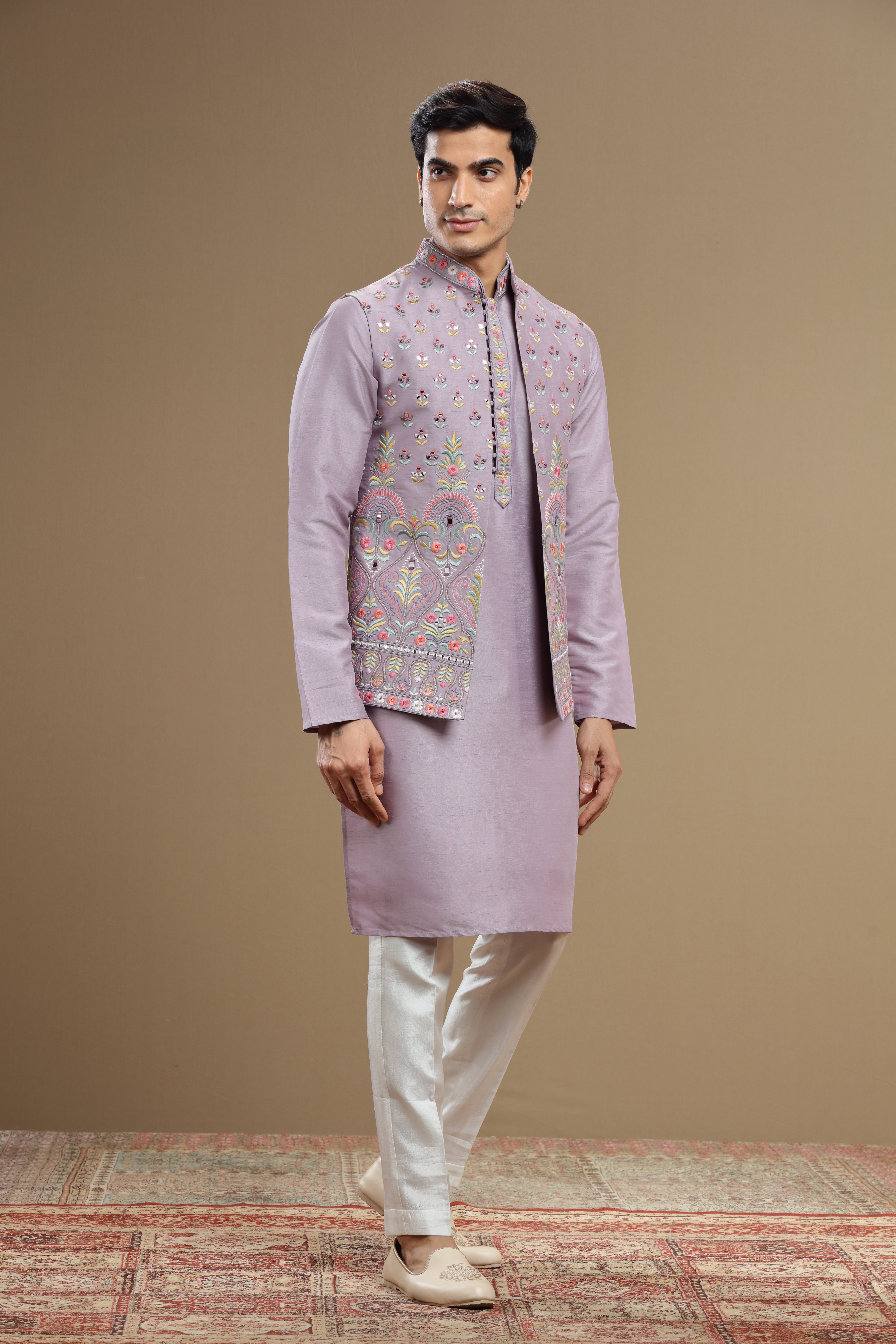 lilac Silk jacket set in floral embroidery - Shreeman