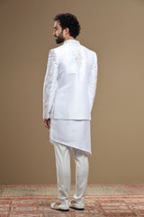 White floral embridered jacket with asymetric kurta