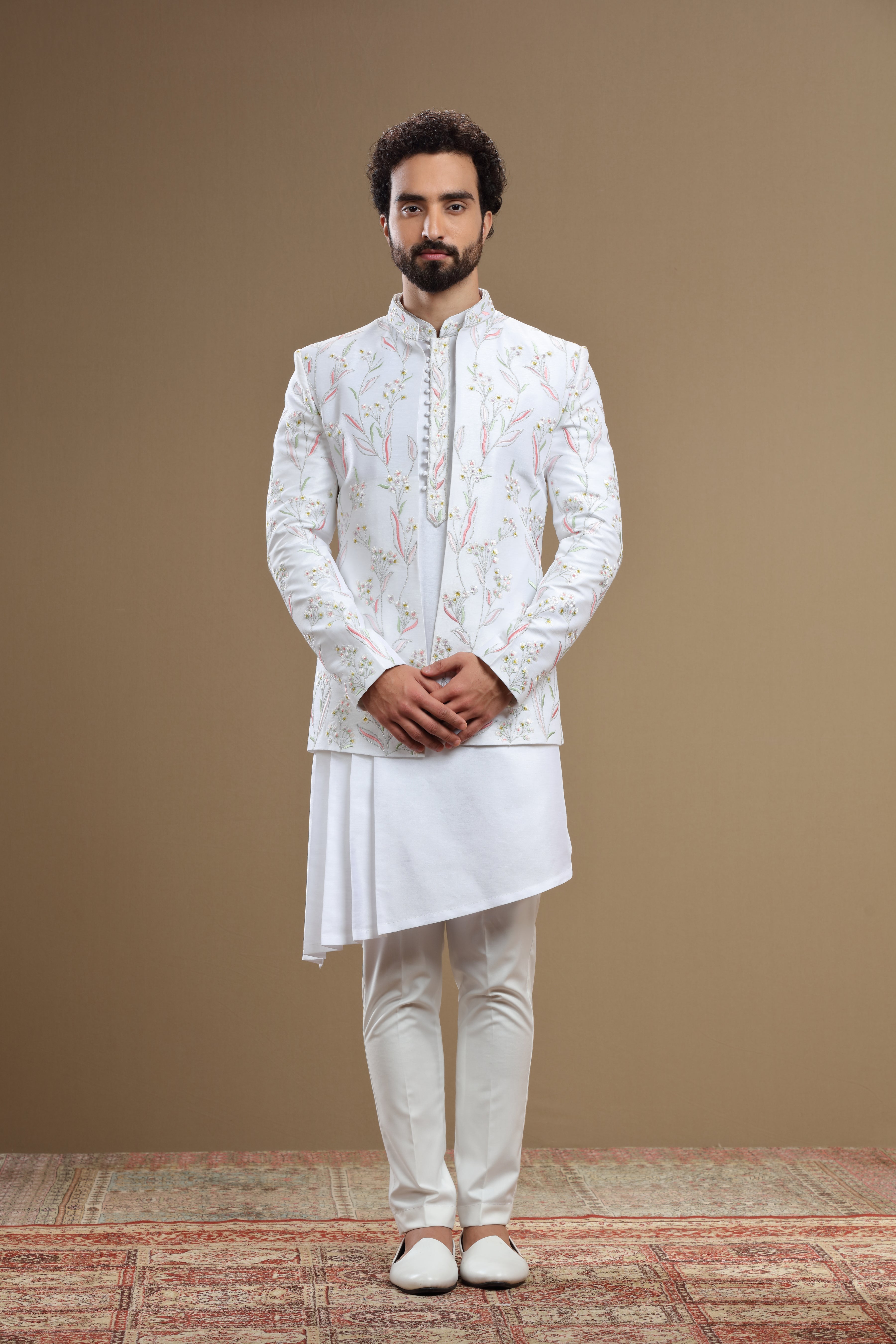 White floral embridered jacket with asymetric kurta - Shreeman