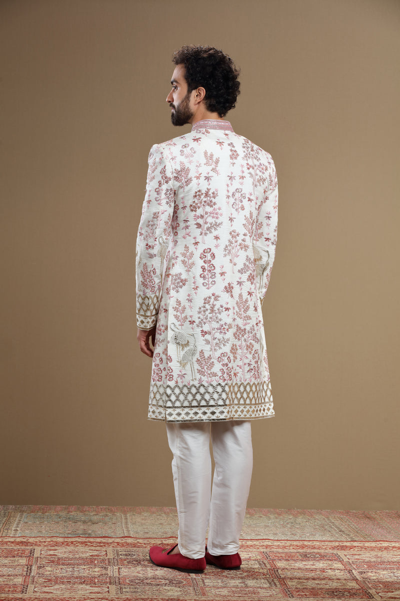 Ivory Embroidered sherwani in flora and fauna motif
