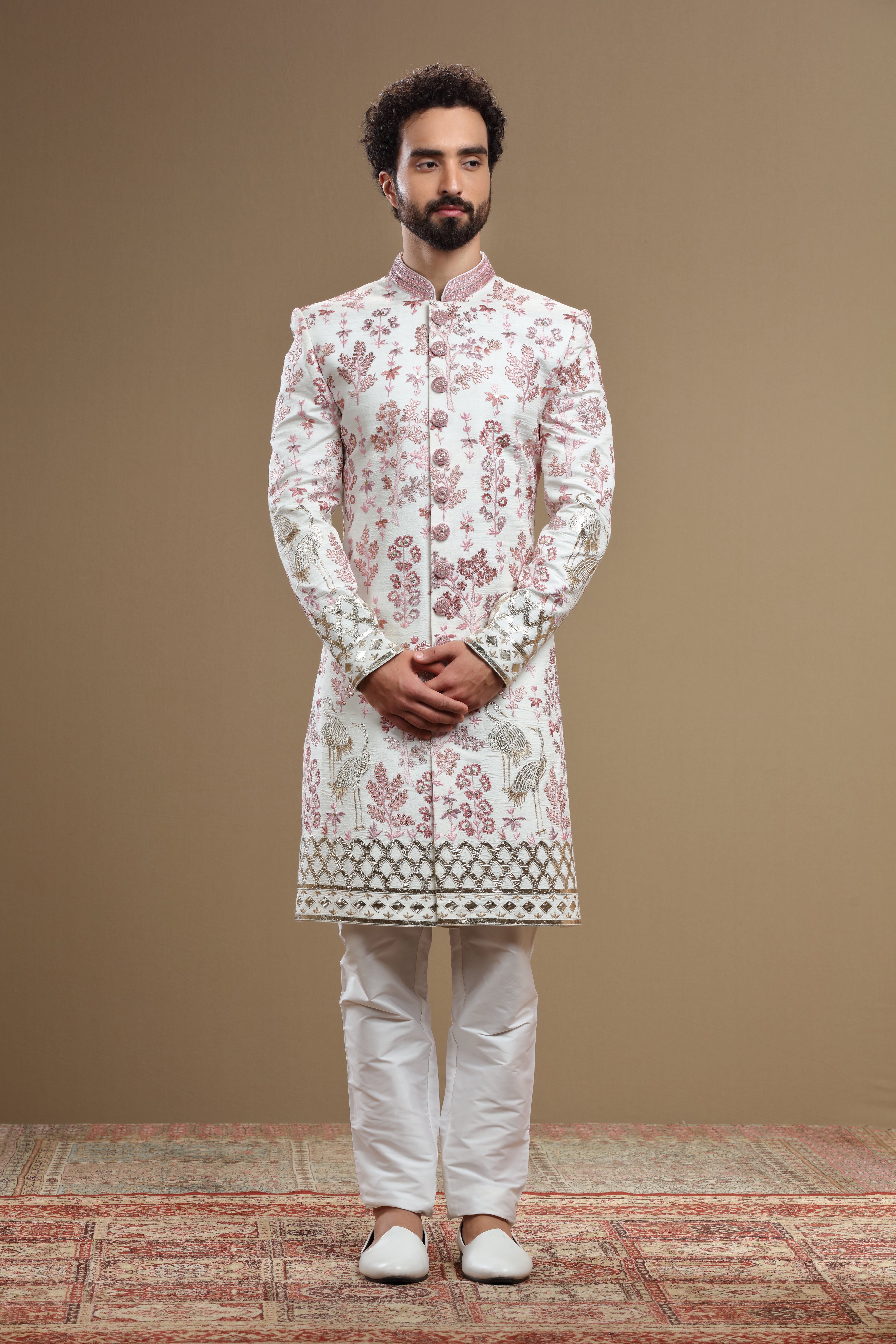 Ivory Embroidered sherwani in flora and fauna motif - Shreeman