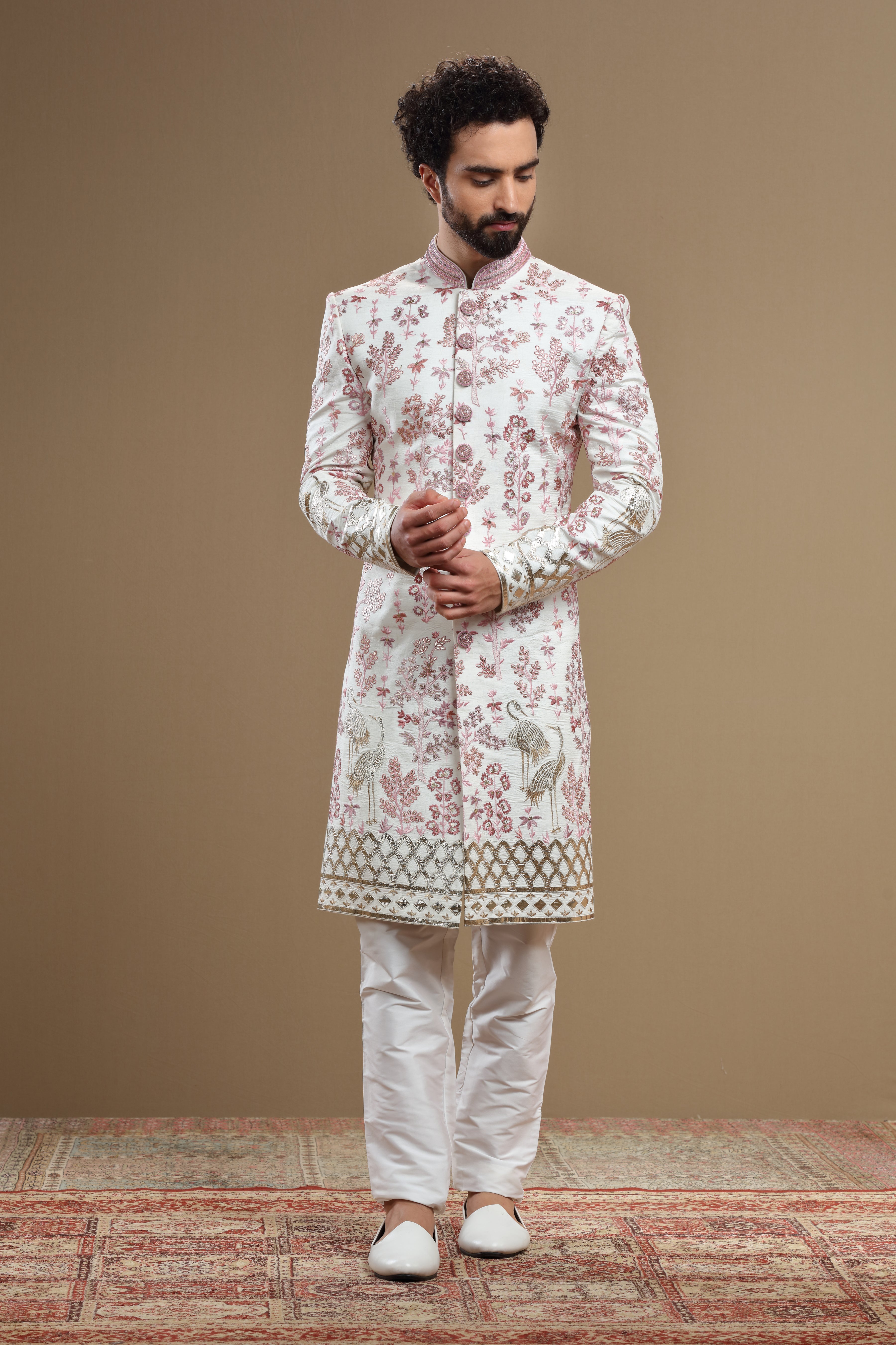 Ivory Embroidered sherwani in flora and fauna motif - Shreeman