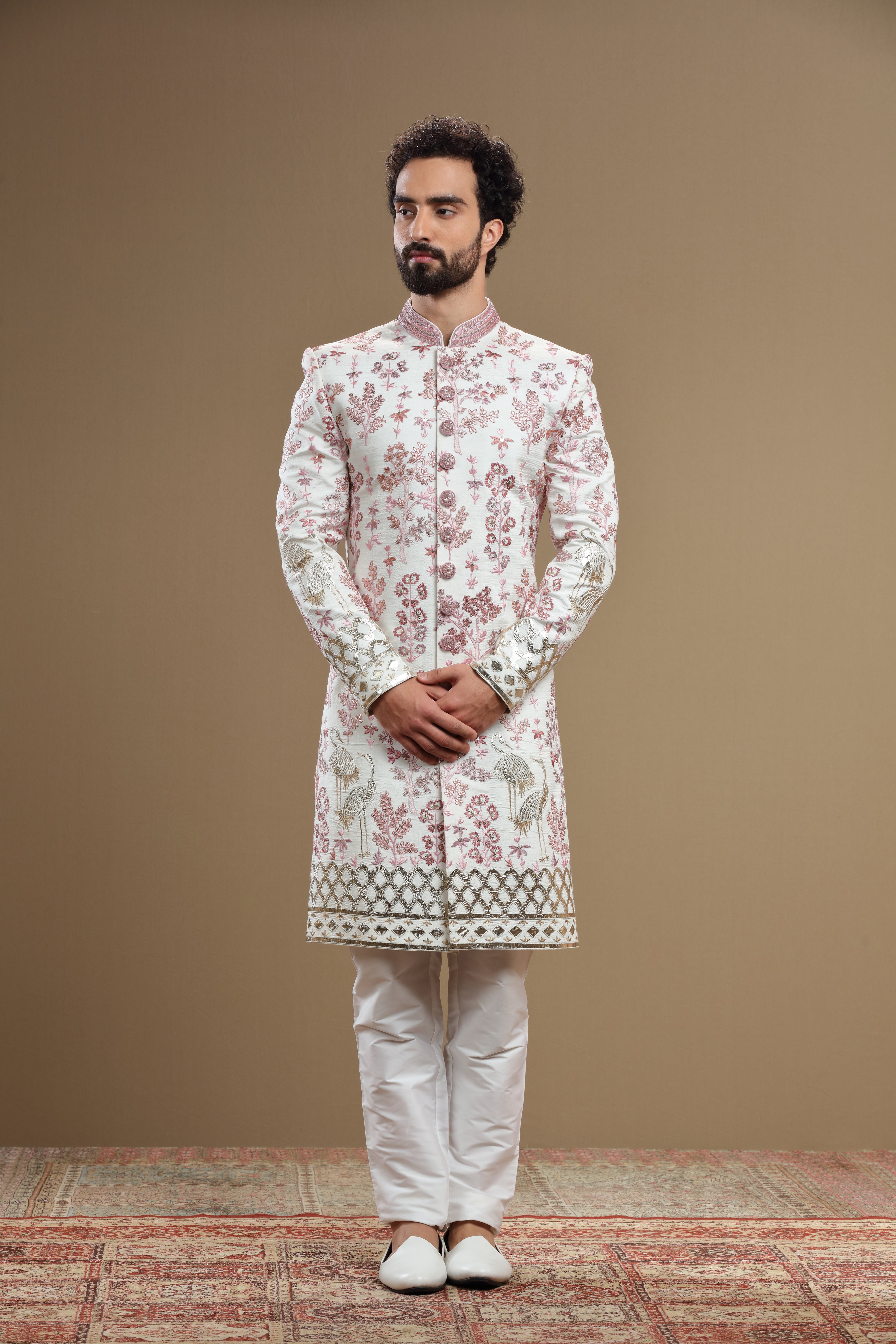 Ivory Embroidered sherwani in flora and fauna motif - Shreeman