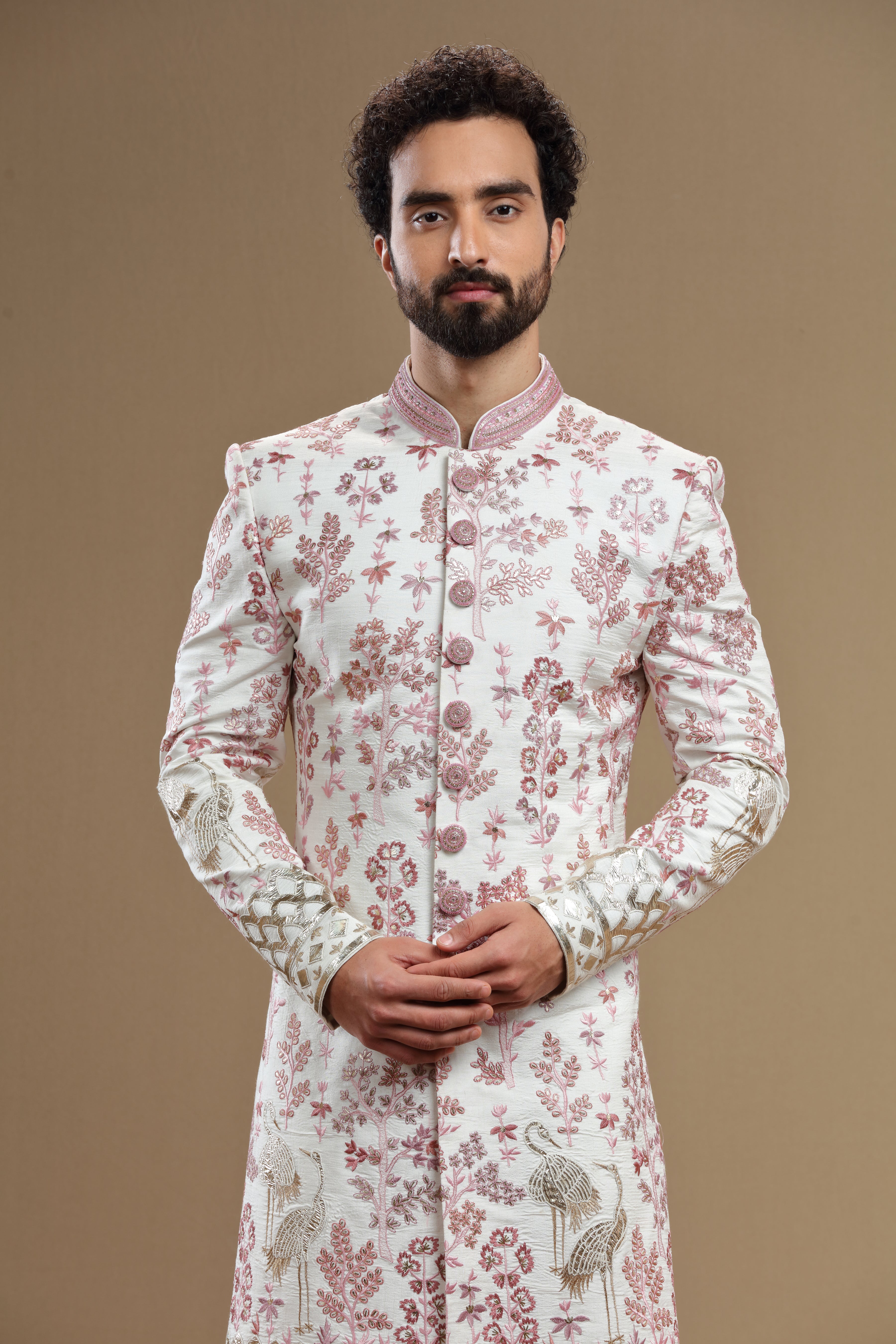 Ivory Embroidered sherwani in flora and fauna motif - Shreeman