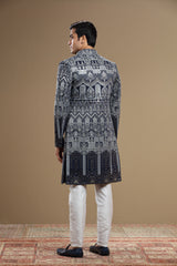 Dark Blue Silk Embroidered Indowestern set