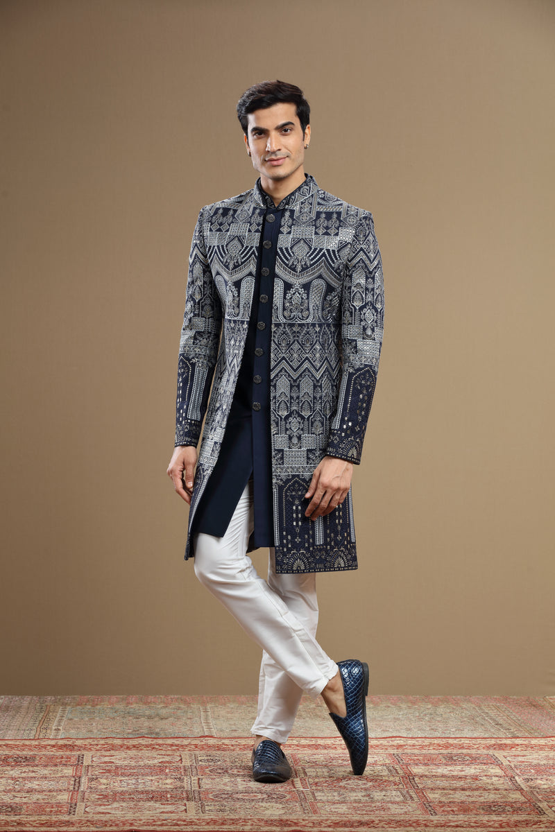 Dark Blue Silk Embroidered Indowestern set