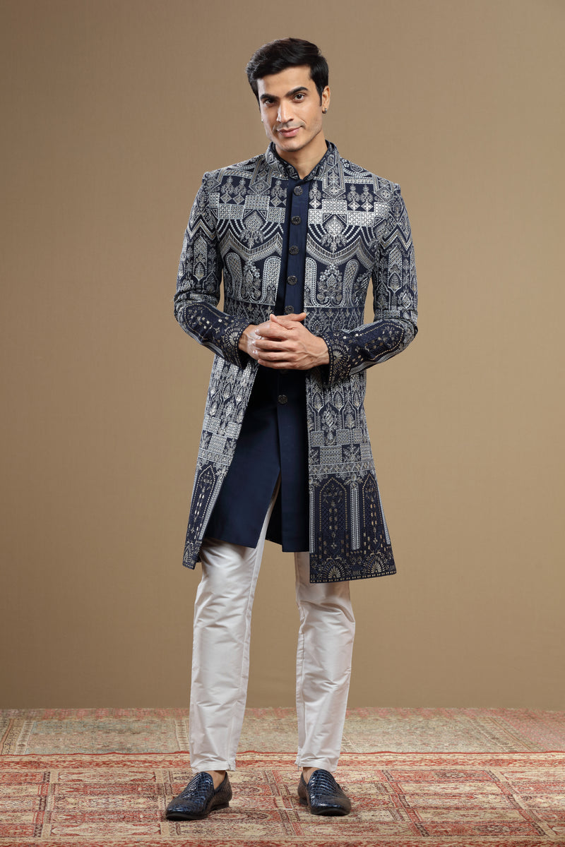 Dark Blue Silk Embroidered Indowestern set