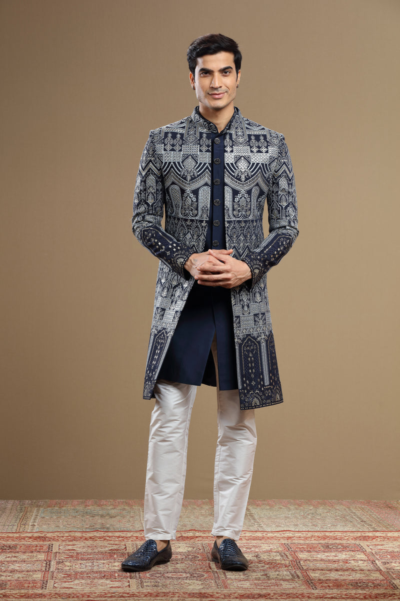 Dark Blue Silk Embroidered Indowestern set