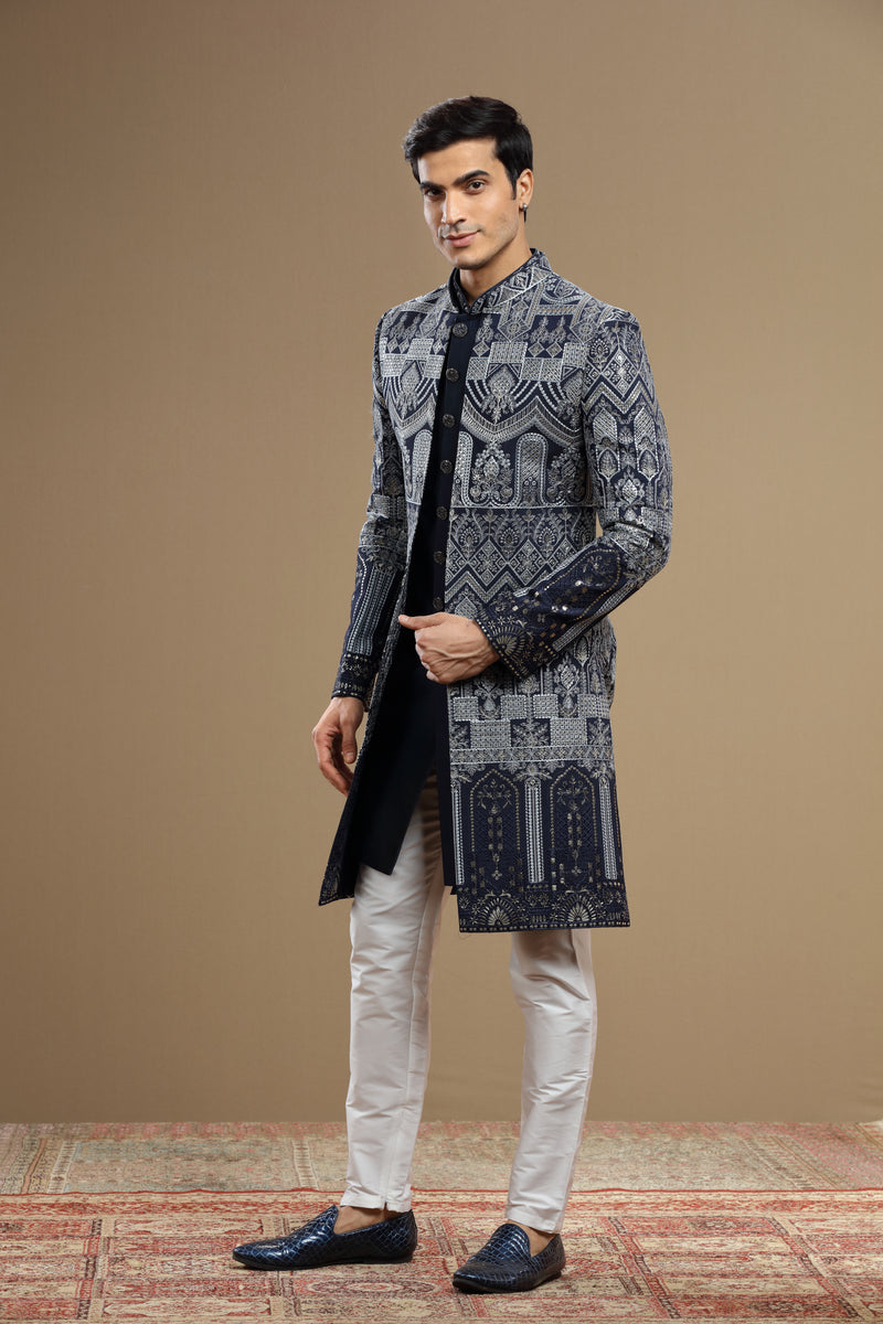 Dark Blue Silk Embroidered Indowestern set