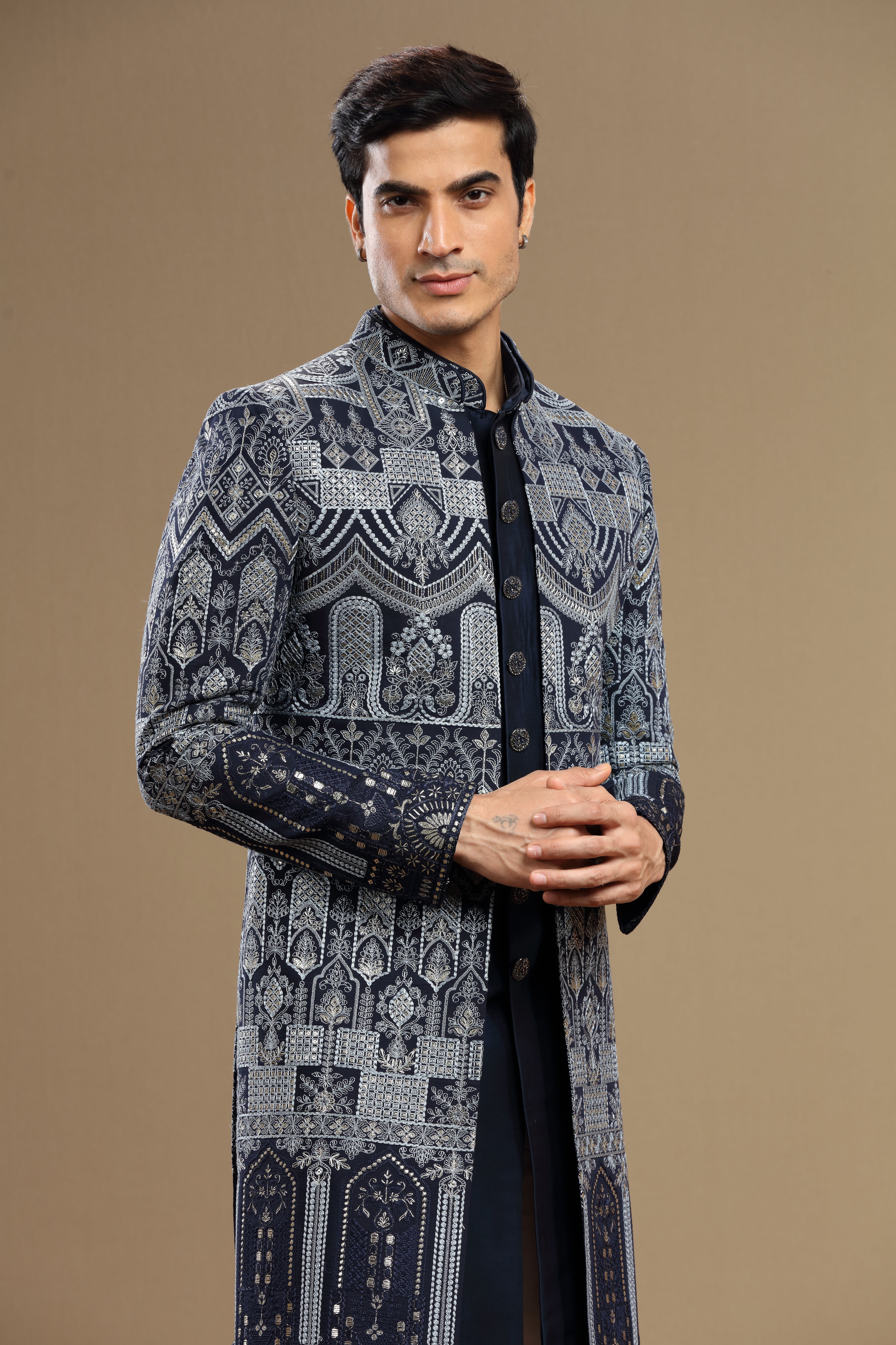 Dark Blue Silk Embroidered Indowestern set - Shreeman