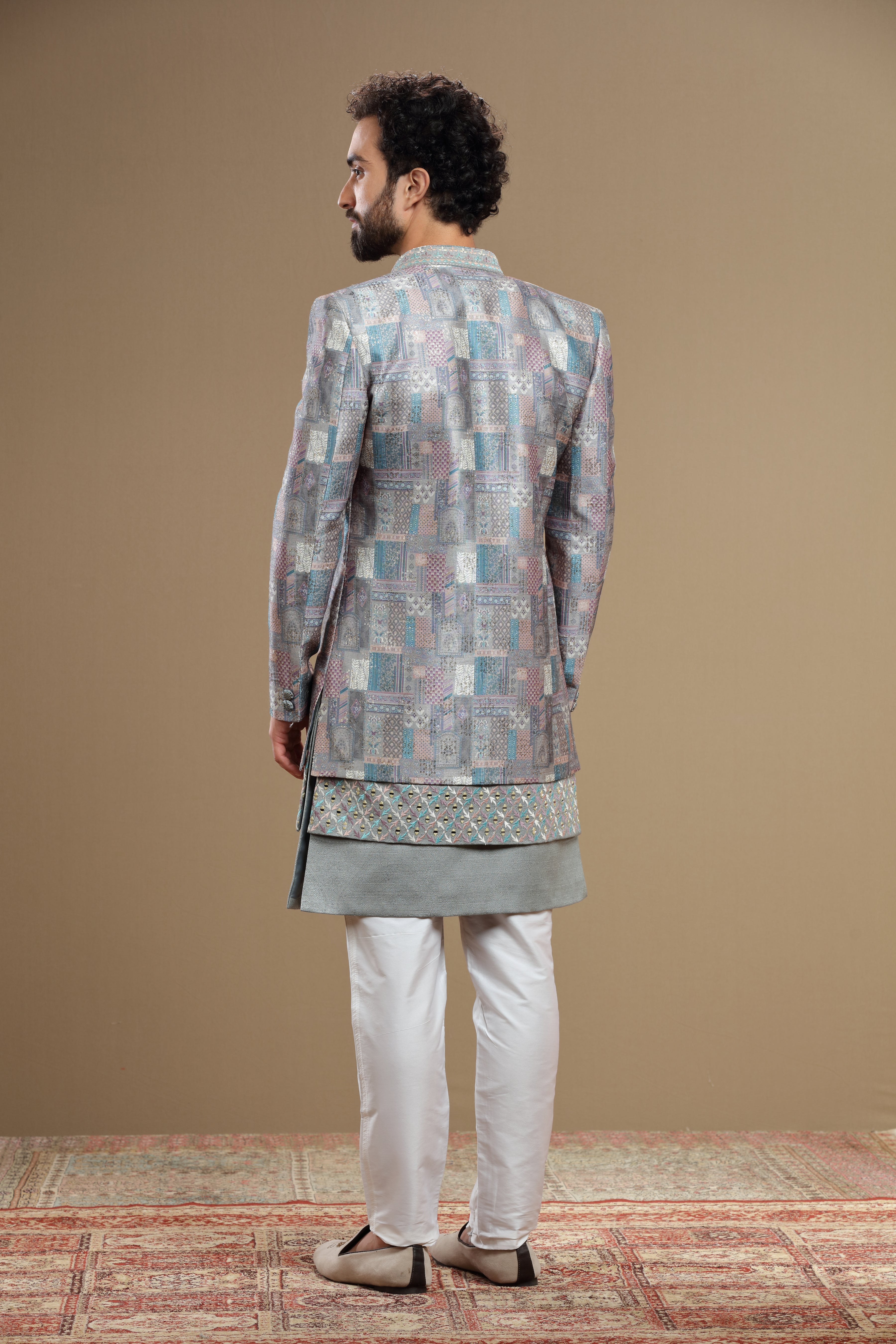 Grey Silk indowestern set in geometric embroidery - Shreeman